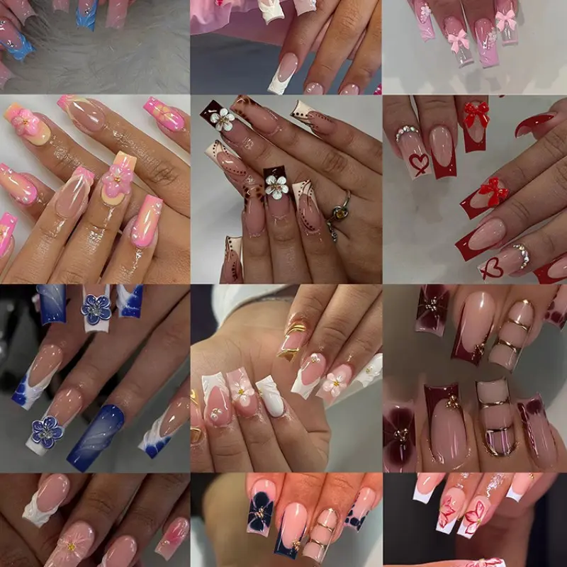 288pcs Long Square Fake Decorative Nails, Floral, Bow, French Edge Designs, No Bake, No UV Light, Perfect for Daily Wear, Spring Fashion