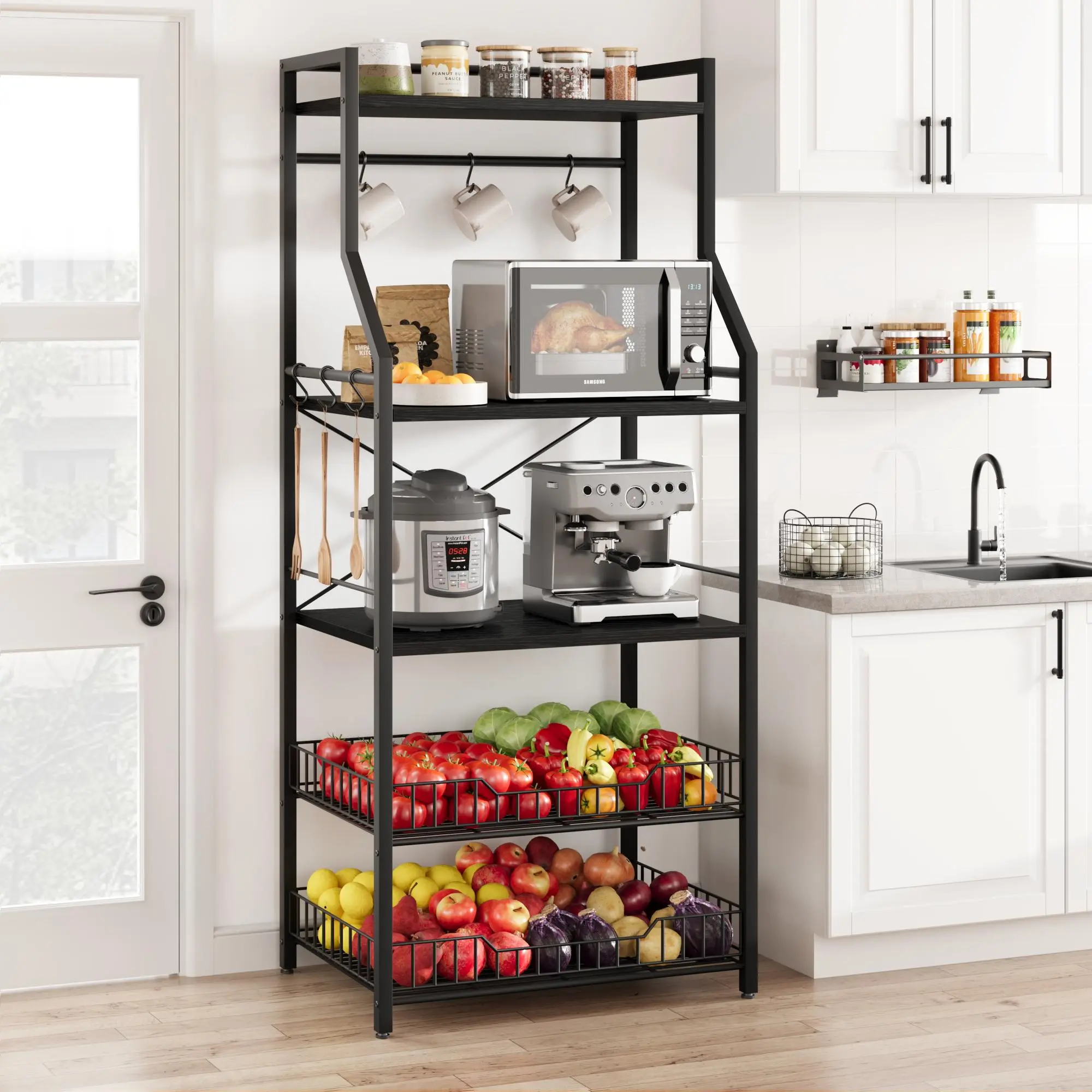 Black/Grey Industrial 5-Tier Kitchen Baker's Rack - Microwave Stand with 2 Wire Baskets, 8 Hooks, Coffee Bar Station, Freestanding Storage Unit for Air Fryer, Pots, Spices