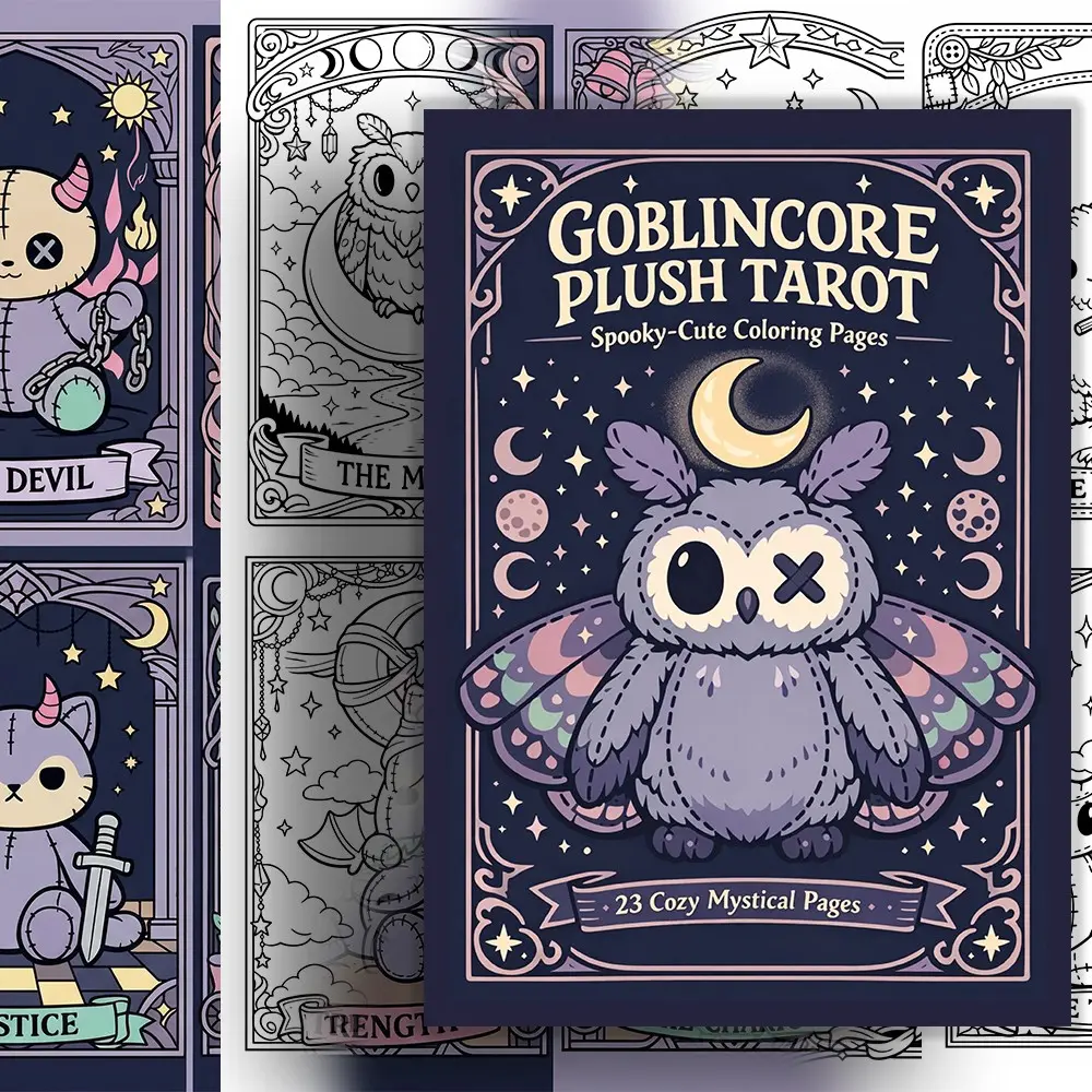 Spooky Cutie Tarot Coloring Book, Illustrated Activity Book, Physical Printed With 23 Tarot Style Pages Goblincore Plush Fantasy Creatures Cute Gothic Witchy Art Bold Clean Lines Ornate Frames Gift For Cozy Mystery Lovers Home Travel