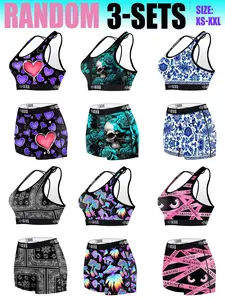 Random pattern Women's 3-Piece Printed Sports Bra Set, Halloween Skull Heart Paisley Print, Comfortable Stretchy Underwear, Sport Running Gym Swim Fashion, Sporty Bra Set