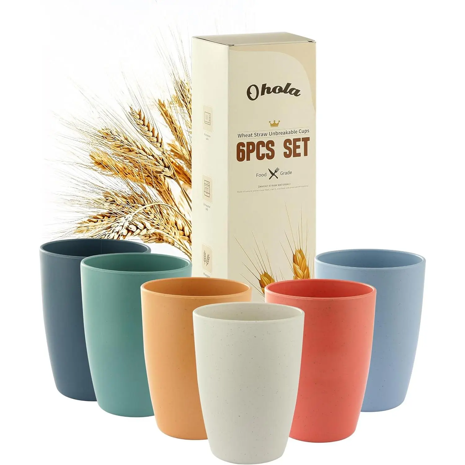 6-Count Wheat Straw Plastic Drinking Cups Set - 12oz Lightweight Unbreakable Default Everyday Tumblers, Pastels 6-Color Casual Coffee Cups (Kitchenware Drinkware)