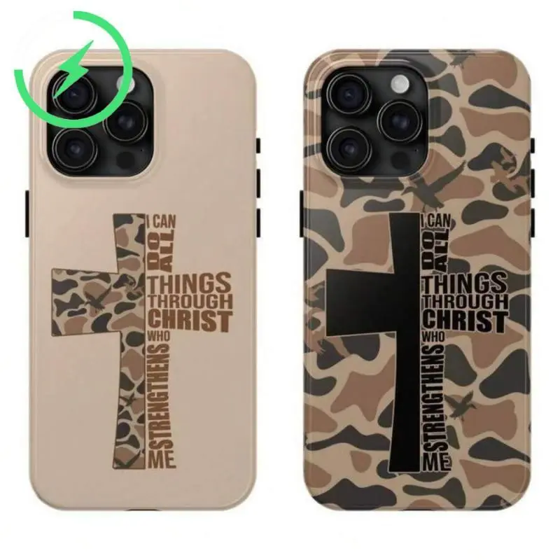 Magnetic for iPhone 16 ProMax Couple Style-Couple I Can Do All Things Through Christ Who Strengthens Me Camo Cross Phone Cases Phone Cover Hard Case Tough 2-Piece Phone Case