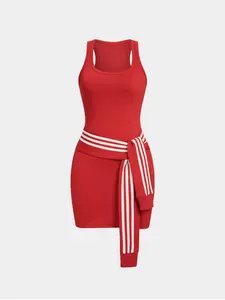 Women's Sleeveless Striped U-Neck Mini Dress, Tie Knot Design, Casual Summer Fashion, Lightweight & Comfortable, Perfect for Daily Wear, Athletic Sleeveless Dress