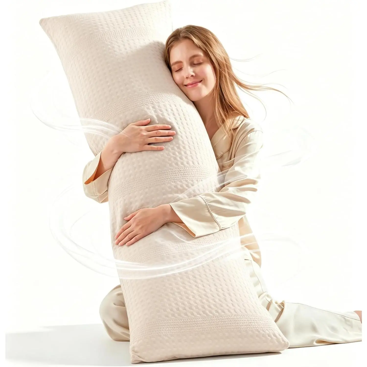Waffle Weave Body Pillow for Adults - Memory Foam Body Pillow with Removable Pillowcase - Firm and Fluffy - Large Long Bed Pillows for Side Sleepers, Washable, 20x54 Inch(Beige)