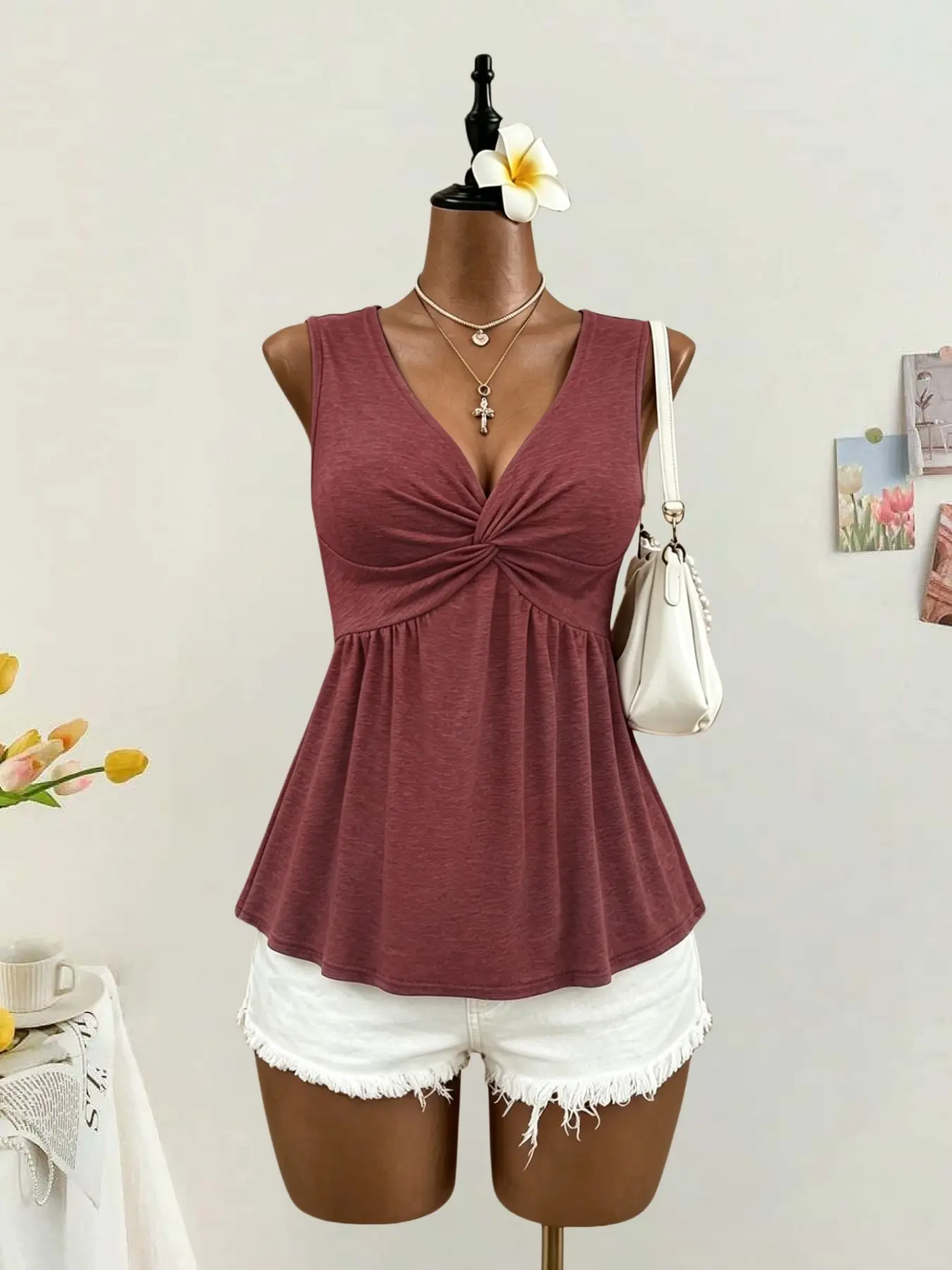 Unique Design Front Knot V Neck Sleeveless Knitted Babydoll Top, Flowy Loose Fit Conceal Belly Slimming Daily Commute Breathable Strapless Vest