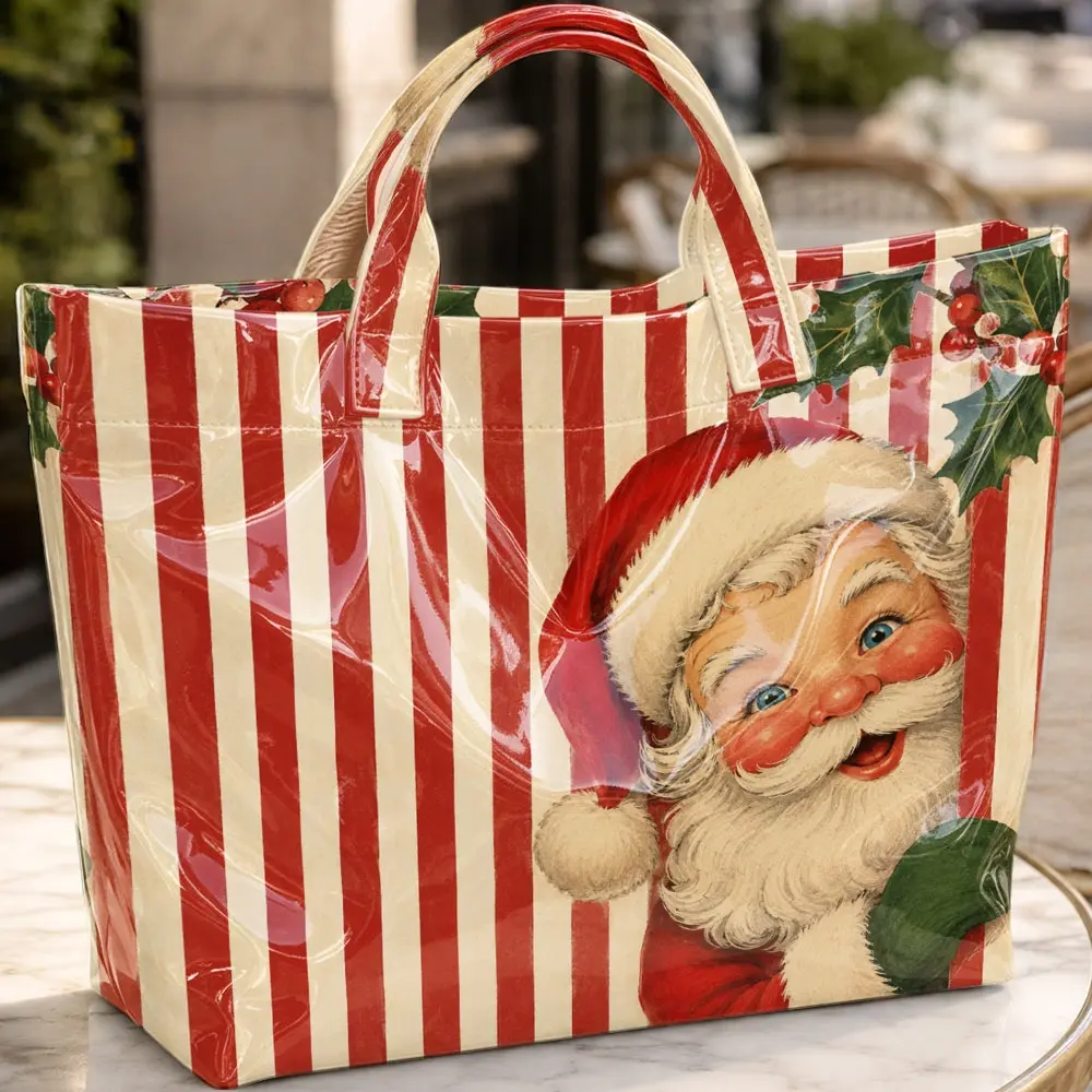 Santa Claus Red and White Striped Holly Christmas Print Tote Bag, Large Capacity Handbag, Casual Everyday Shoulder Bag, Suitable for Work, Beach, Shopping, Daily Errands and Weekend Parties.