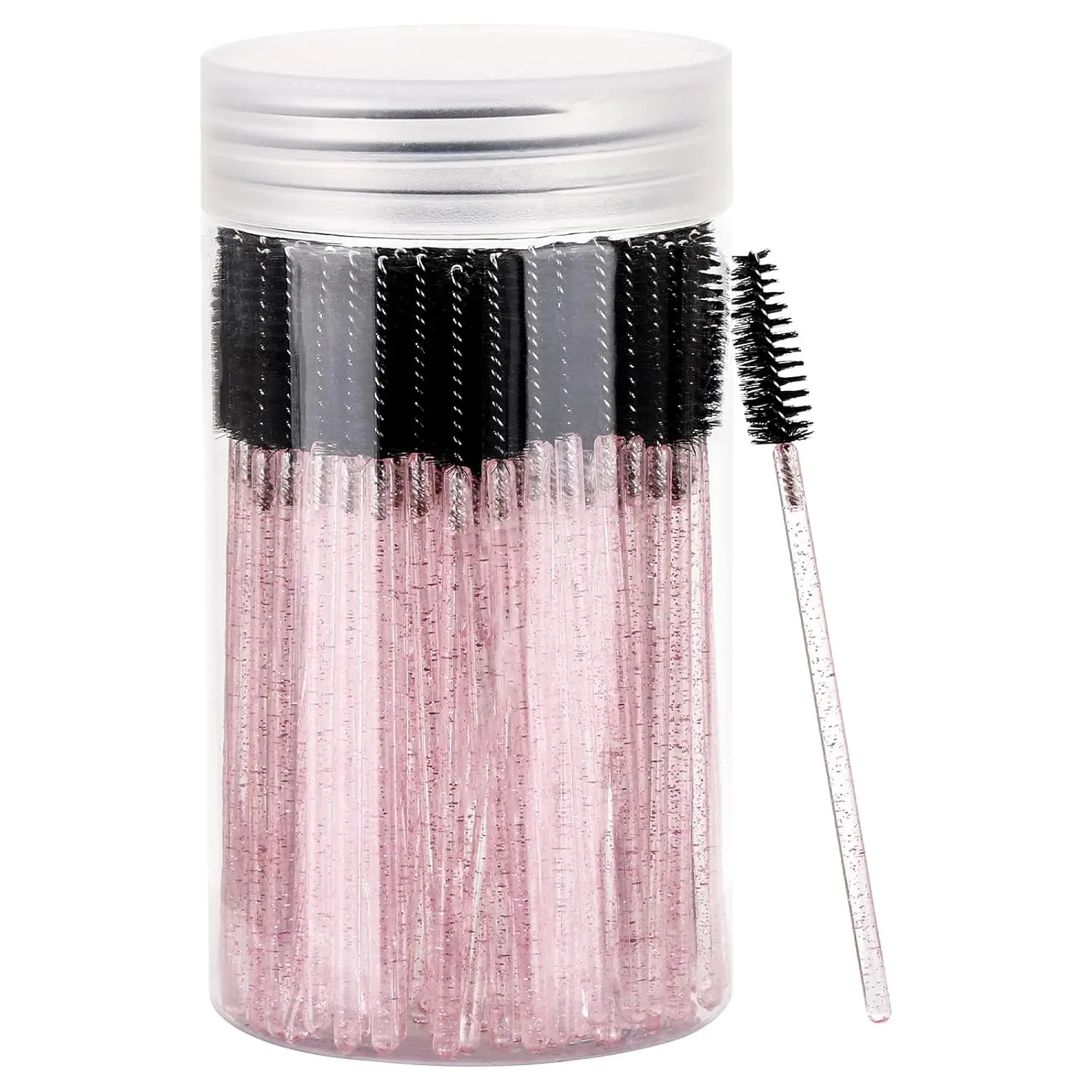 100 Pcs Disposable Mascara Wands & Crystal Eyebrow Spoolies - Makeup Tool for Eyelash Extensions, with Black-Pink Lash Brush Container