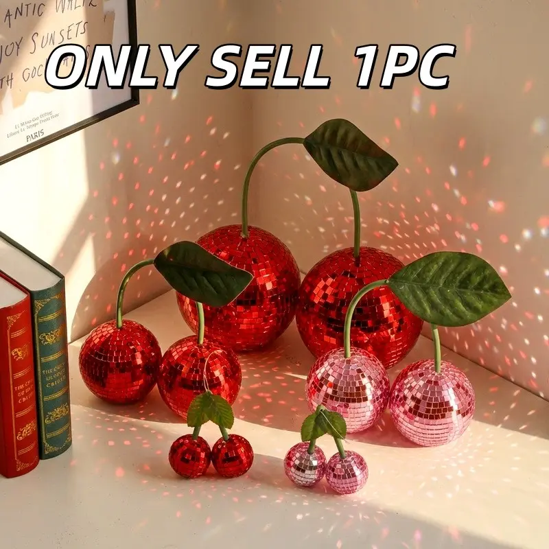 1PC Red/Pink Disco Cherry Ornament, Reflective Mirror Glass Cherry Balls with Leaves, Ins Style Tabletop Decor, Table Ornament Gift for Party, Ornaments Decor, Festive Decoration, Bedroom & Home