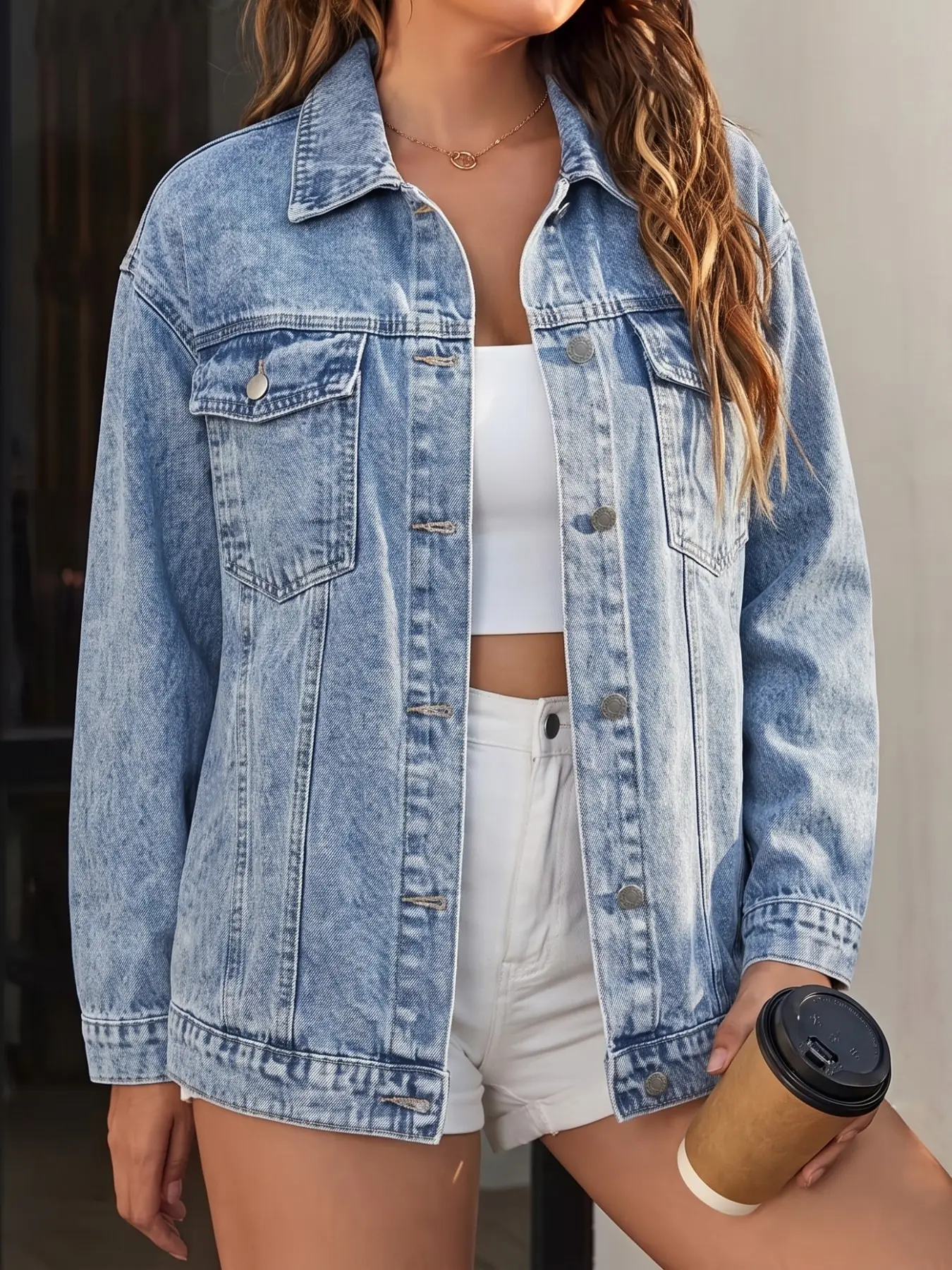 Y2K Light Acid Wash Oversized Denim Trucker Jacket, Women's Lapel Button Down Jean Coat, Trendy Casual Streetwear Layering Jacket with Pockets