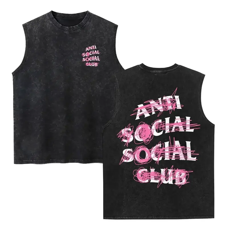 Anti Social Vibe Scribble Text Tank Top, Vintage Washed Sleeveless Tee, Pink Graffiti Style Graphic Shirt Vest Streetwear Outfits Men Vacation Outfits Sleeveless Shirt