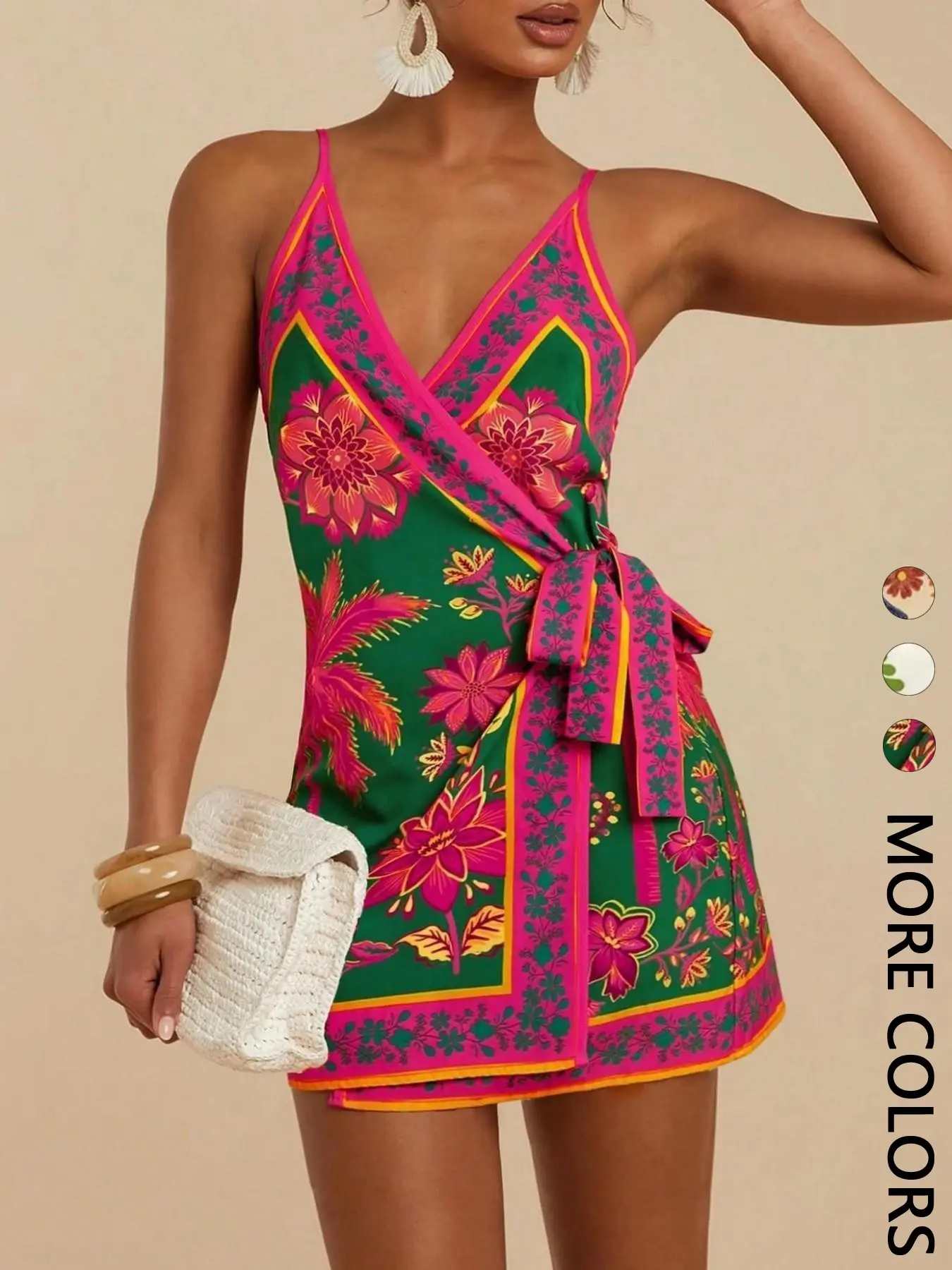 1 Piece Deep V Wrap Tropical Floral Mini Dress for Women, Spaghetti Straps Side Tie, Breathable Adjustable, Boho Casual Summer Vacation Style, Bohemian