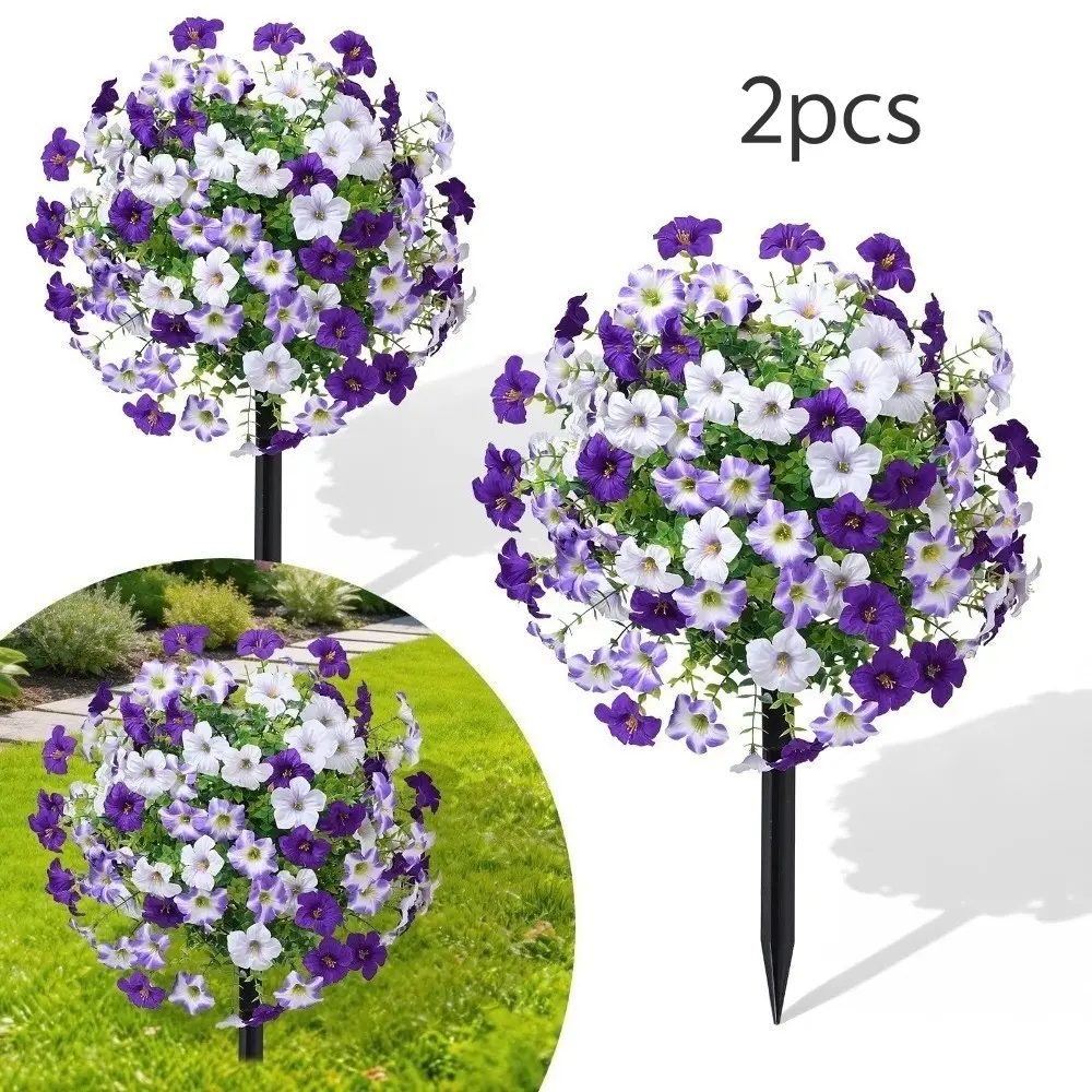 2pcs Outdoor Artificial Morning Glory Tree with Stakes, UV Resistant Plastic, Real Stone Texture, Garden Decor, Patio Enhancement, Decorative Flowers, Faux Flower Decor, Faux Floral Plant, Decorative Fake Plants