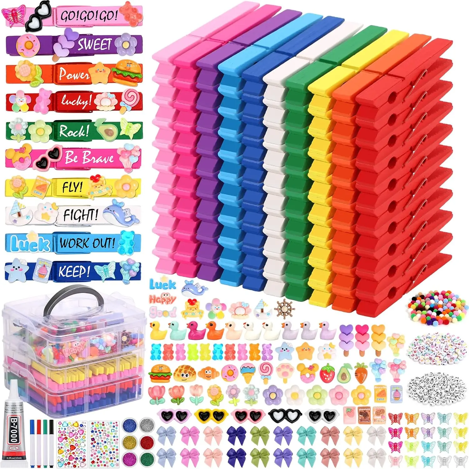 Cheer Pins Spirit Clips,100 Colored Clothes Wooden Pins, 112 Mini Resin Charms Bows Sticker, 300 Beads Pompoms Cheer Clothespins Decor, Cheer Pin Making Kit for Ribbon Team Classroom Cheerleader Gifts