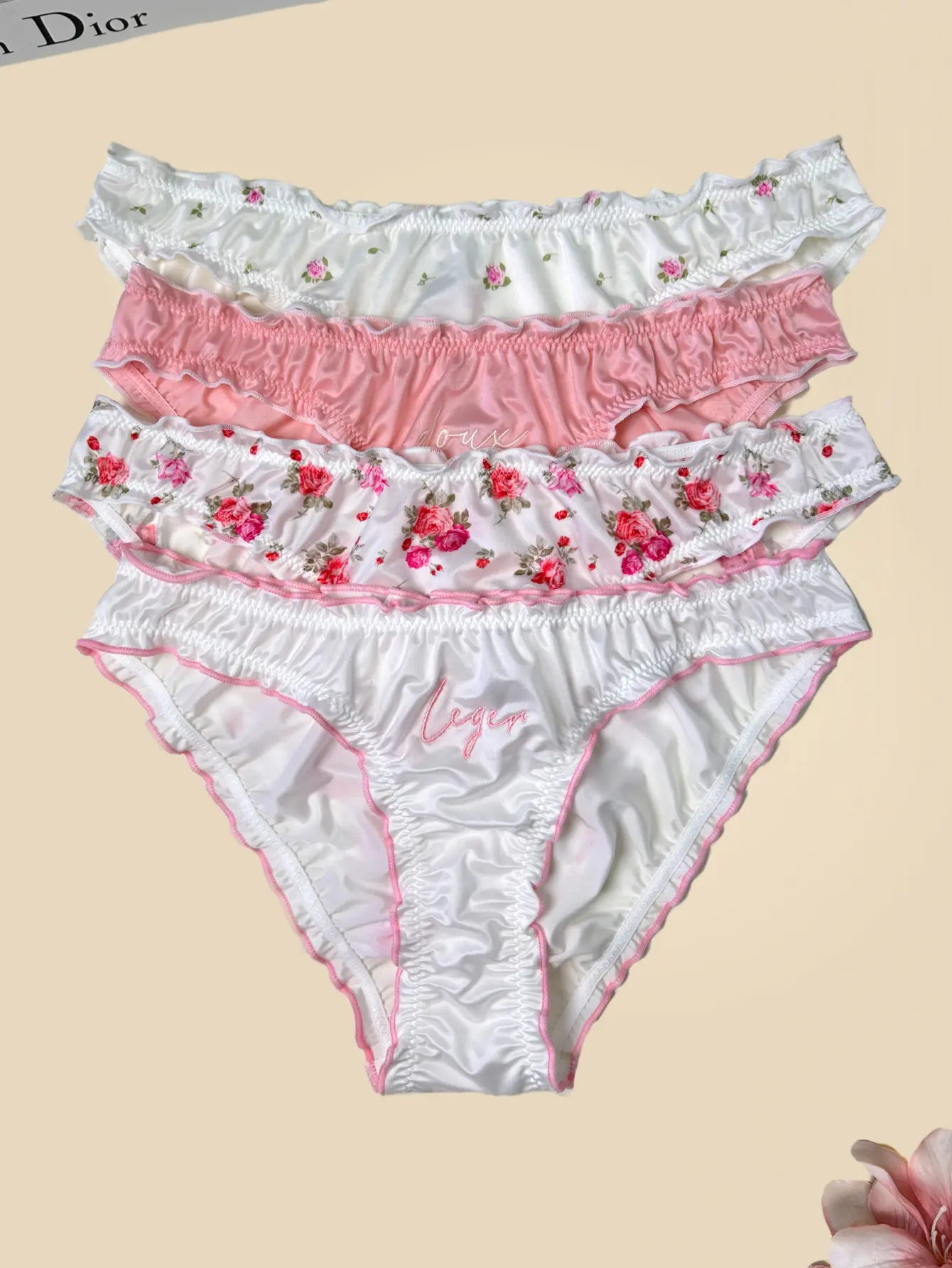 Women Vintage Floral Ruffle Satin Bikini Panties, Low Rise Soft Silky Briefs, 78% Nylon 22% Spandex Stretch Smooth Luxury Underwear for Daily Home Casual Wear