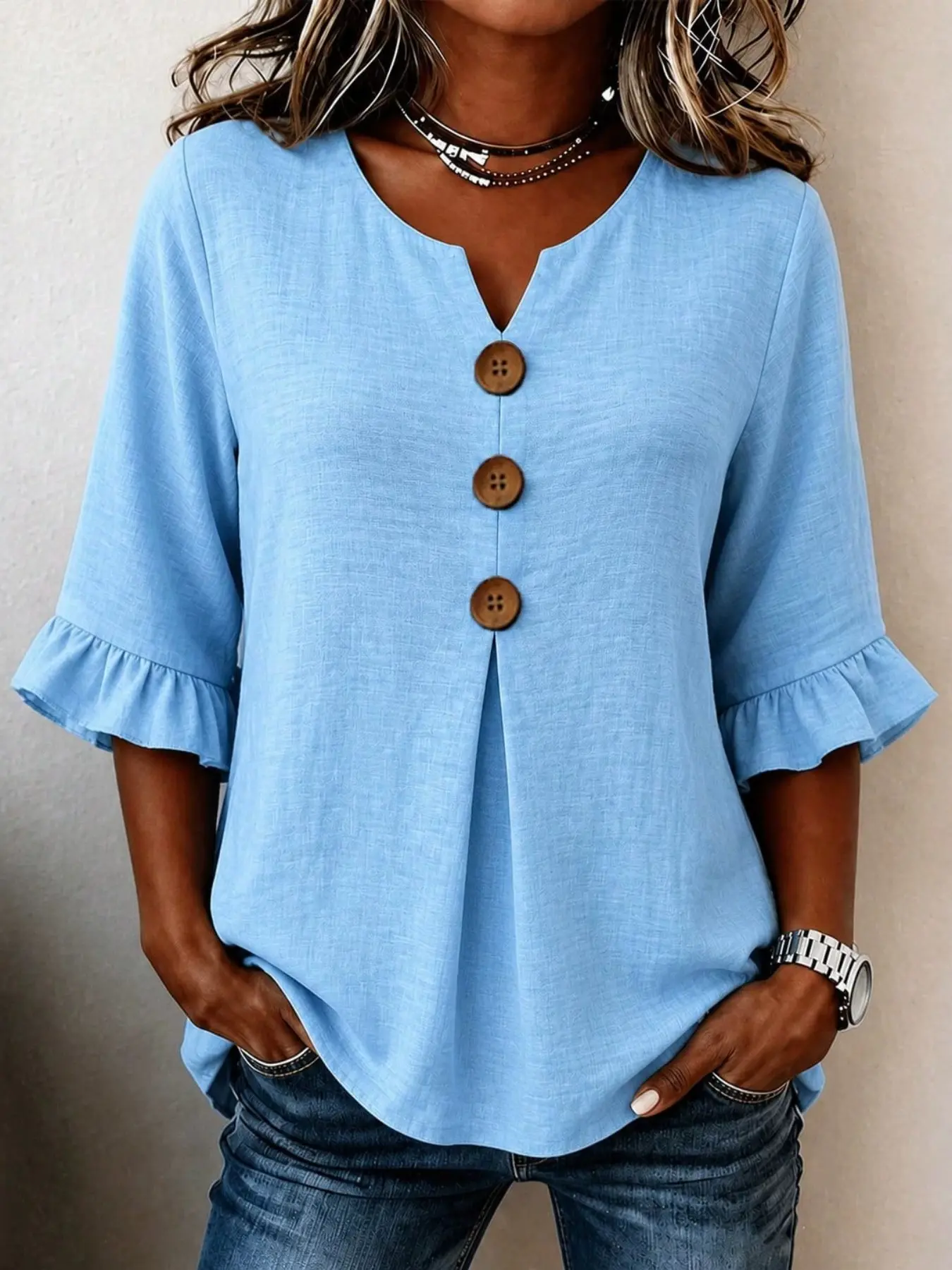 Plus Size Women's Solid V-Neck Shirt, Loose-Fitting Ruffle Sleeve Button-Up Top, Casual Vacation Wear, European and American Style