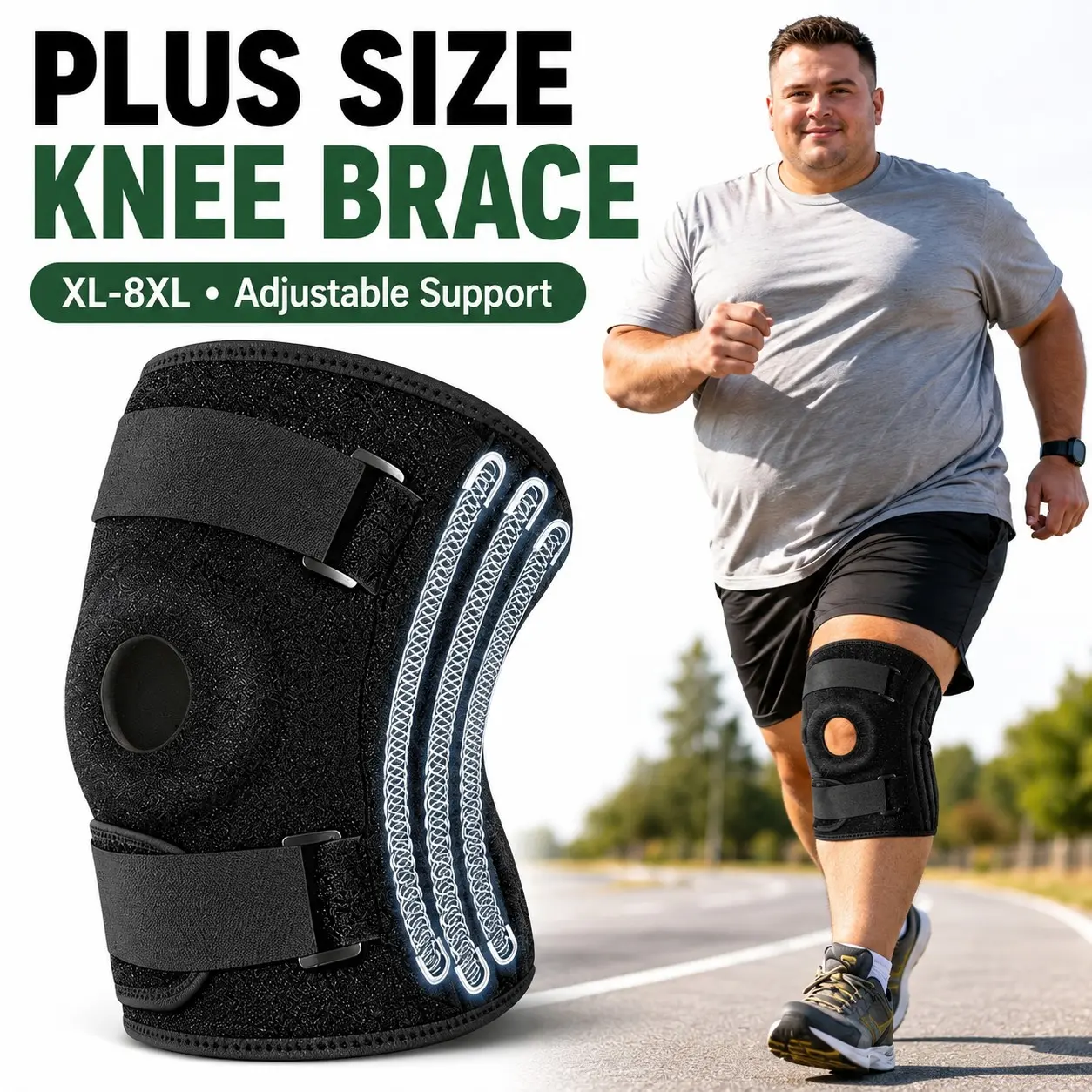 Plus Size Knee Brace XL-8XL, Extra Large Adjustable Knee Support with Patella Stabilizer, Compression Brace for Running Walking Gym, Runners Sports Knee Brace