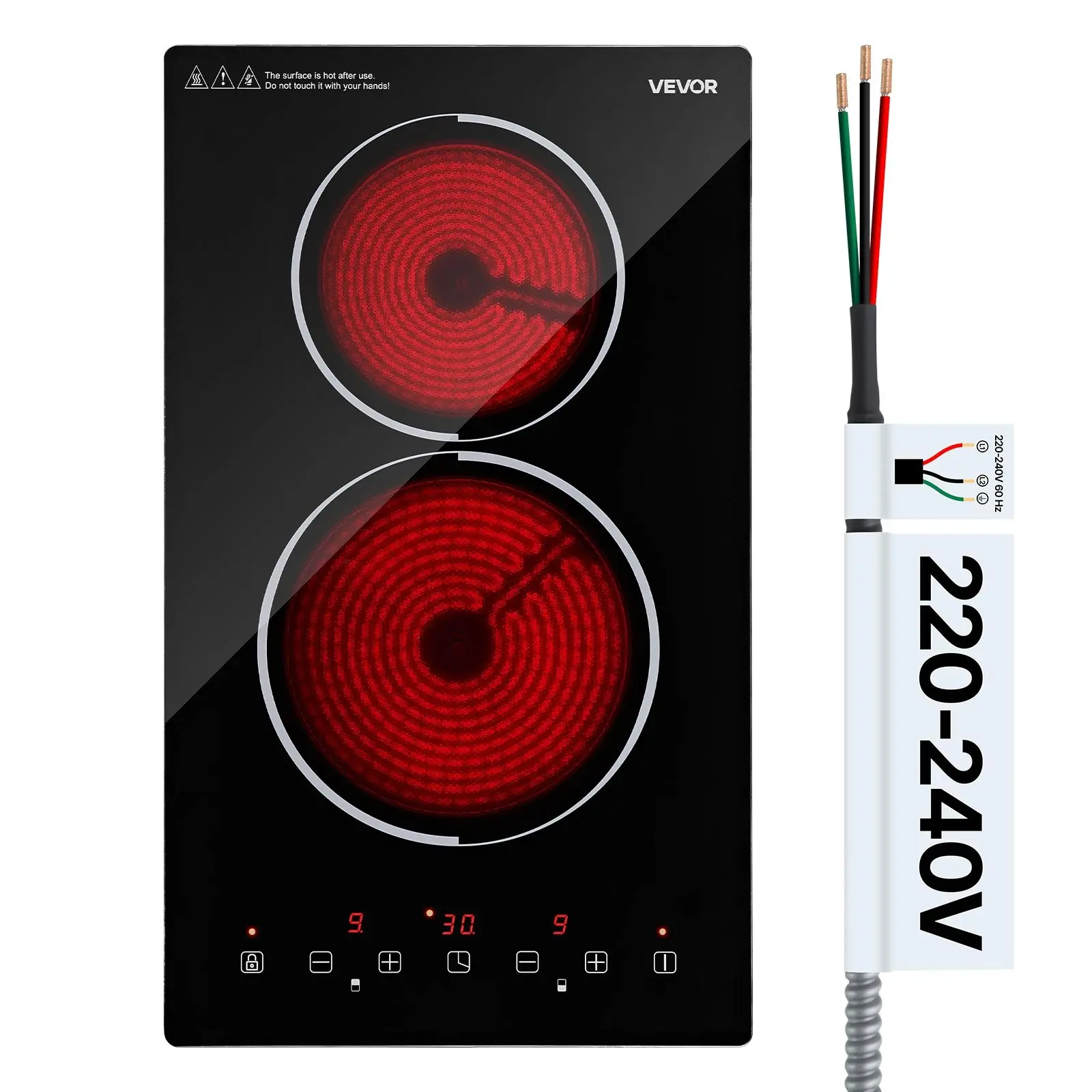 【DealsForYouDays】VEVOR 12-Inch 2-Burner Ceramic Built-In Radiant Electric Cooktop, 3000W Power 220V No Plug, 9 Power Levels, Timer, Child Lock, Overheat Guard, Touch Control, Stove Top