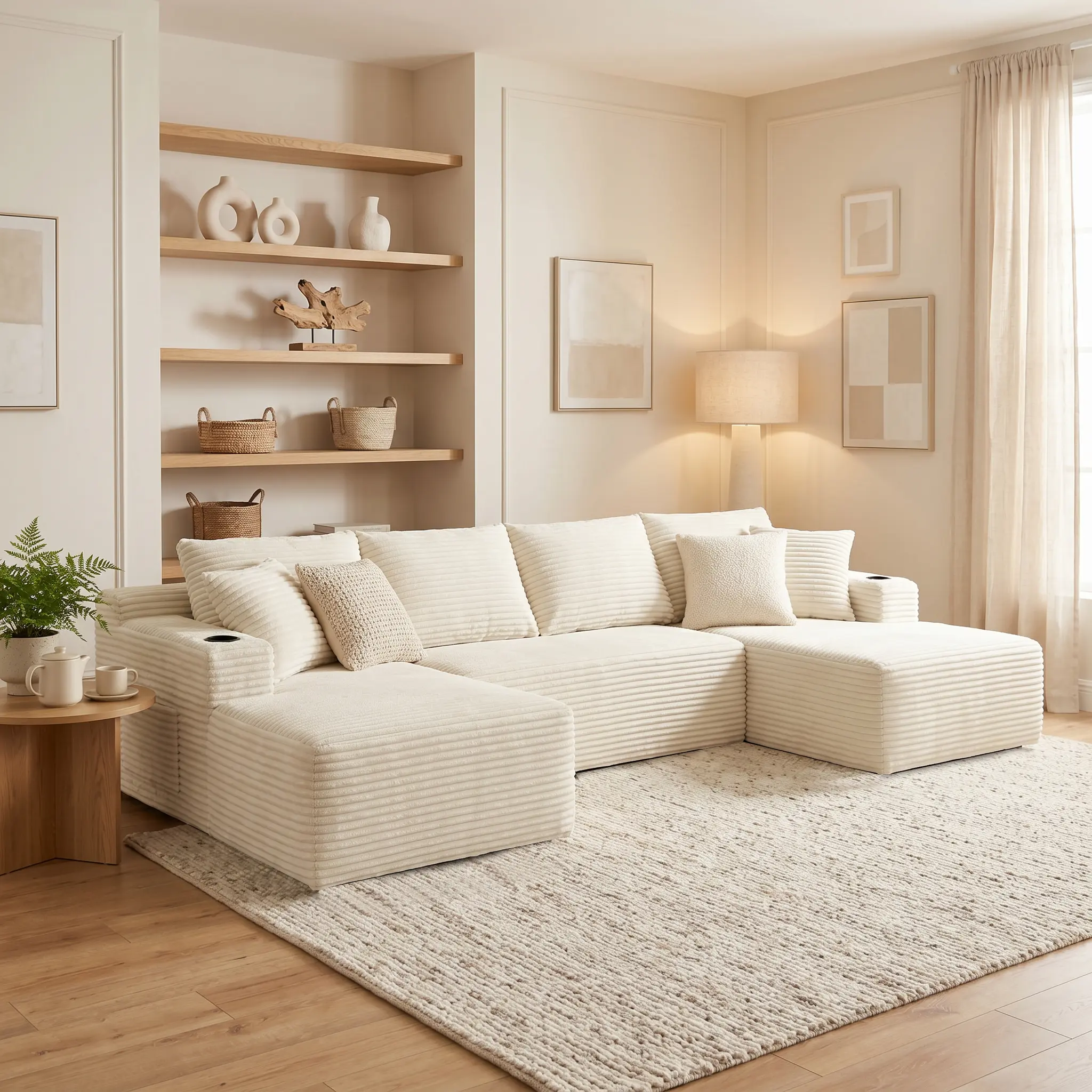 Frameless sofa — modular combination sofa featuring soft, comfortable corduroy fabric.It includes a head pillow support to help relax your neck.Minimalist ultra-large U-shaped sofa featuring a concubine platform, paired with fluffy throw pillows and back