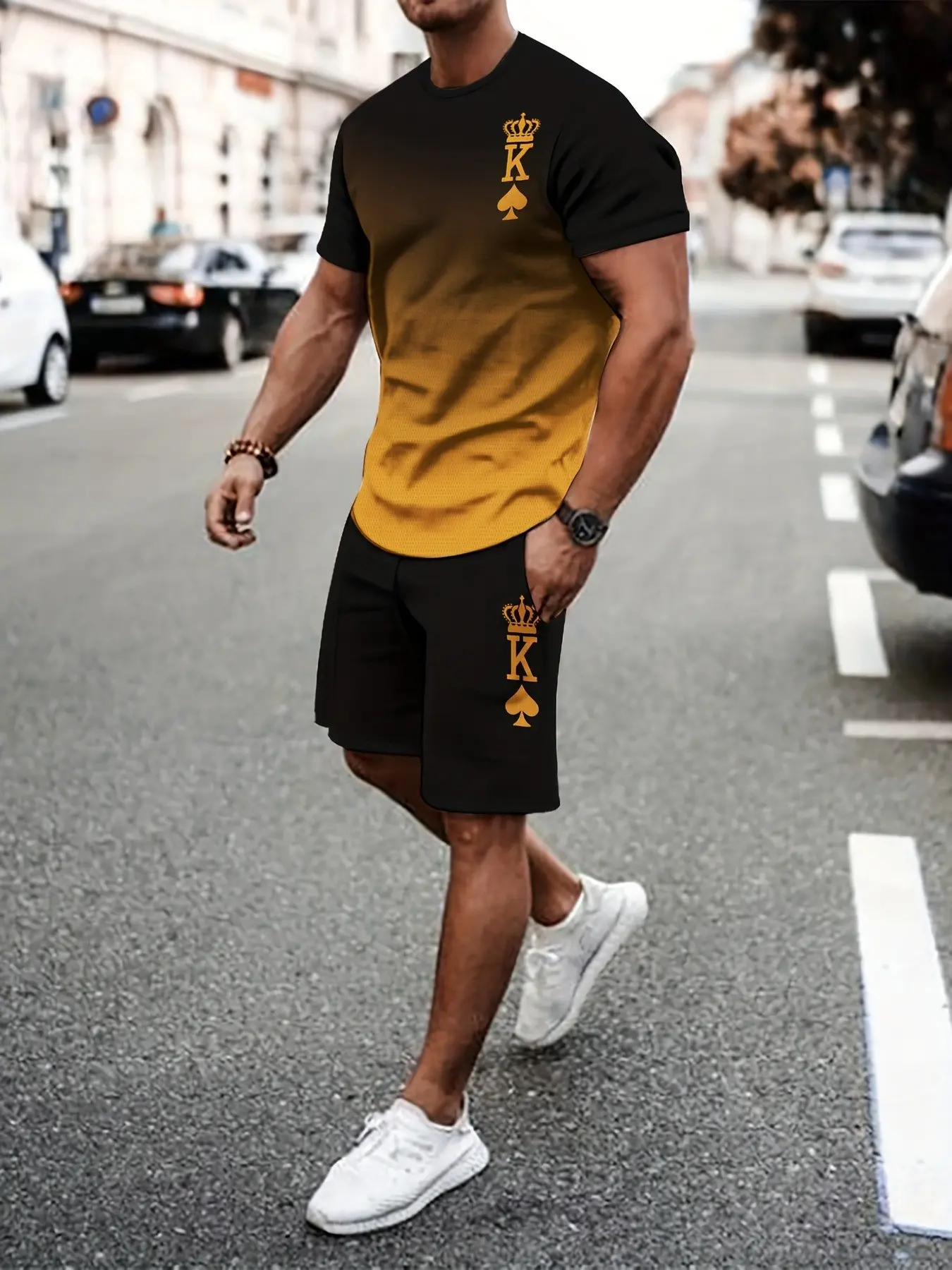 Light mature men's summer breathable two-piece set, Matching low-key poker logo gradient short sleeved top and shorts, casual and versatile men's clothing