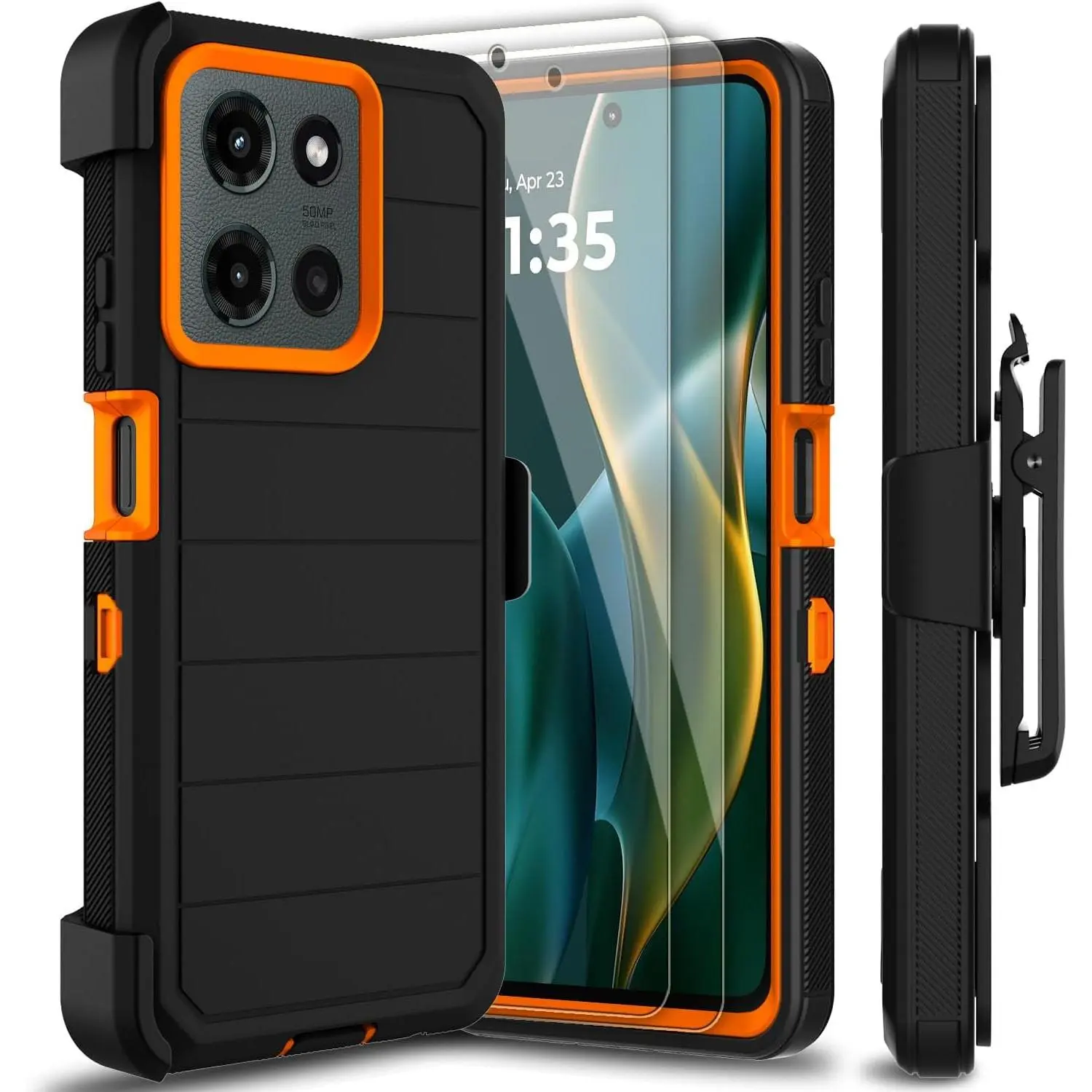 Motorola Moto G 2025/2026 & Moto G Play 2026 Cover - Holster Series Polycarbonate Shockproof Casing with Kickstand, Belt Clip, 2-Pack Tempered Glass Screen Protector (Black/Orange) for Outdoor Sports Protection