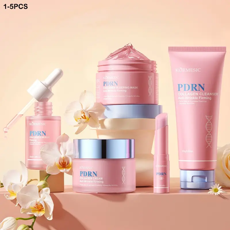 PDRN Pink Collagen Skincare Set, Anti Wrinkle Set, Anti Aging Set, Self Care Kit, hyaluronic acid, centella asiatica, includes facial cleanser, essence, cream, moisturizing and brightening, reduces fine lines, smoothes skin, Anti Aging Bundle