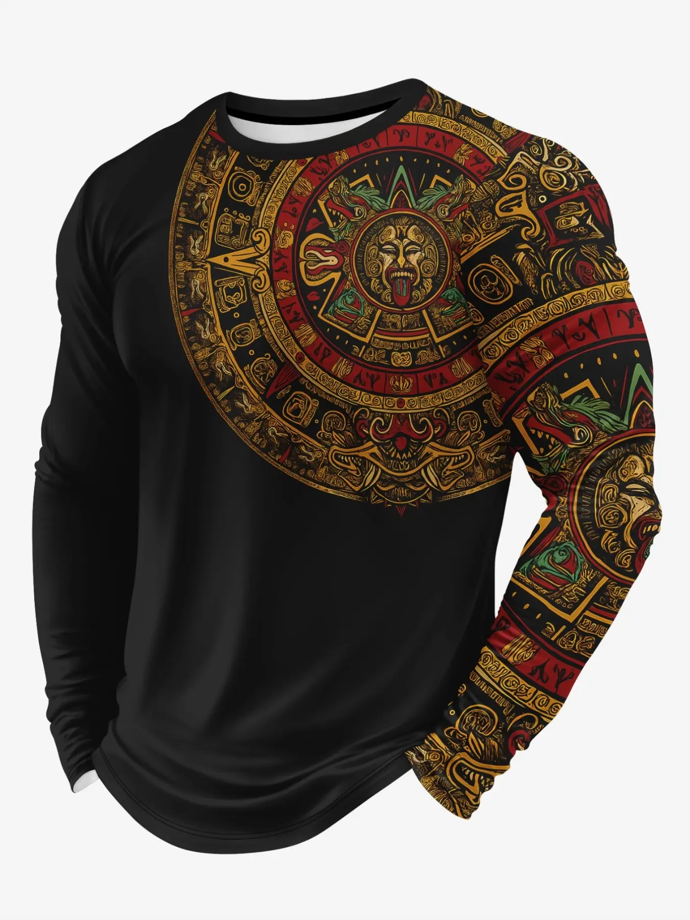 Men Vintage Tribal Aztec Calendar Sun Face Graphic Long Sleeve Crew Neck Top Ethnic Cultural Streetwear Casual Daily Male Shirts