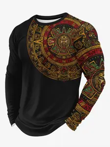 Men Vintage Tribal Aztec Calendar Sun Face Graphic Long Sleeve Crew Neck Top Ethnic Streetwear Casual Daily Male Shirts
