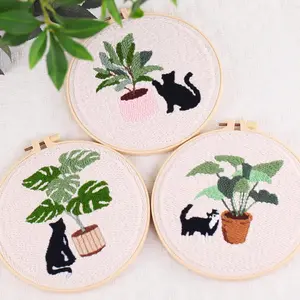 Complete Punch Needle Embroidery Starter Kit for Adults & Beginners – Cartoon Cat & Plant Fabric, Hoop, Needles, Thread – DIY Craft Set