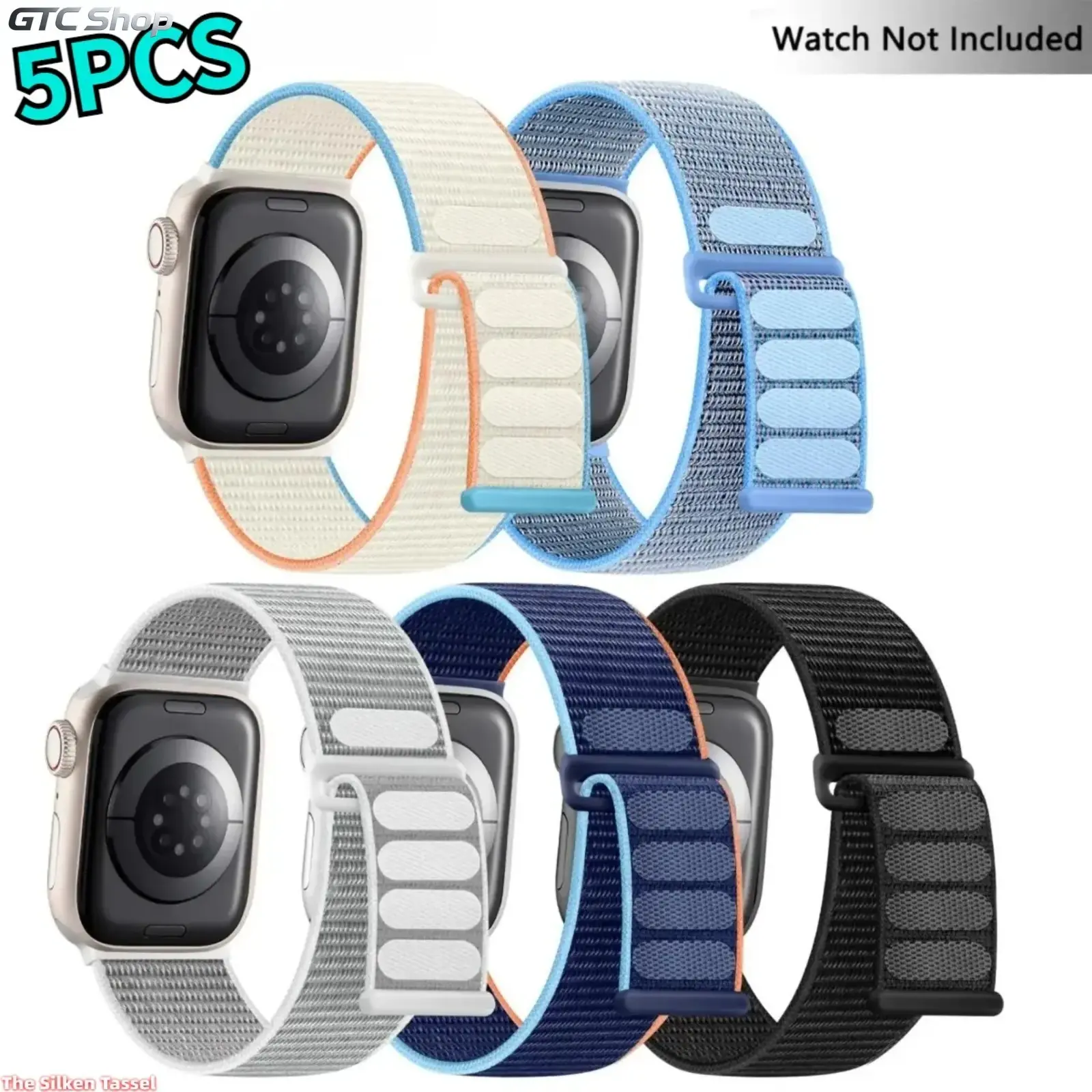 5PCS 2026 Nylon Apple Watch Band — Velcro Sport Loop, Adjustable, Breathable, and Soft Replacement Strap; Compatible with 38–49mm Models (All Series & Ultra Editions); Lightweight and Durable Band
