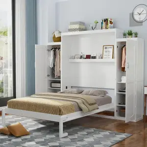 Modern  Solid Pine Wood Murphy Bed 2 Wardrobe Storage Shelves Multifunctional Foldable Eco-Friendly Durable Platform