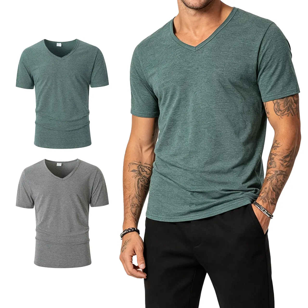 Men's Plain V-Neck T-Shirt, Casual Short Sleeve Streetwear Top for Everyday Wear, Available in 1 & 2 Pack Options, Shortsleeve, Tshirt