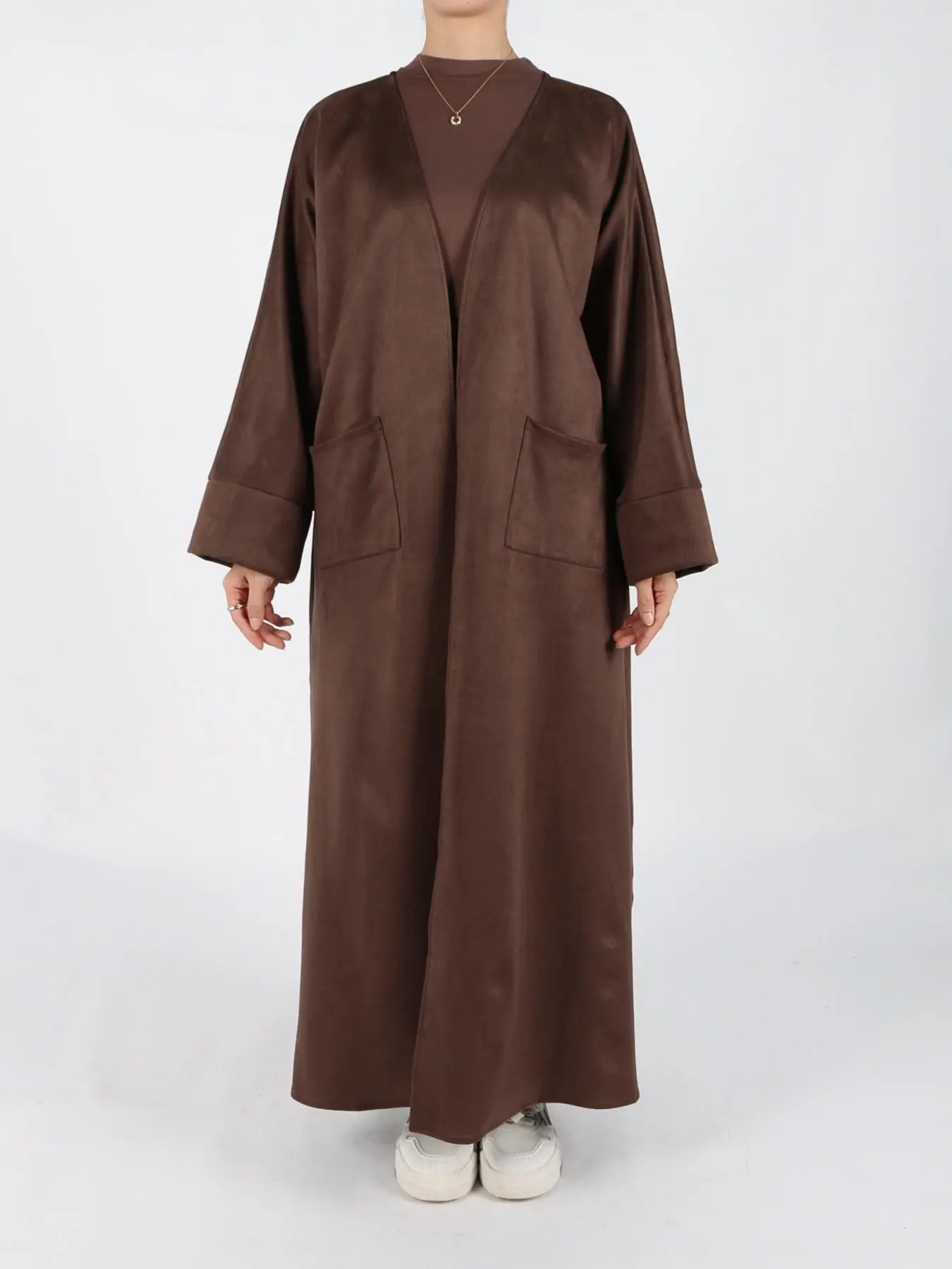 Women's Solid Long Sleeve Open Front Suede Coat, Elegant Long Sleeve Pocket Design Long Coat for Fall & Winter, Women's Islamic Clothing for Daily Wear, Modest Muslim Outfits, Modesty
