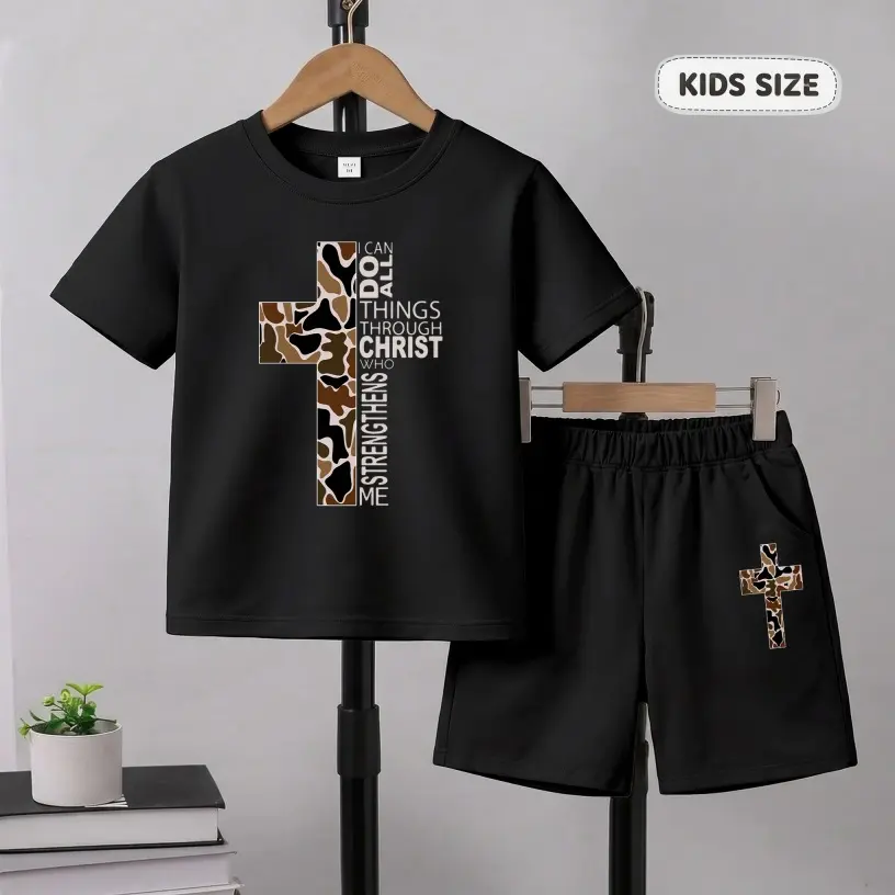 Boys’ I Can Do All Things Through Christ Christian Camo Cross Printed Design Short Sleeve T-Shirt And Shorts Set, Casual Kids Summer Outfit, Comfortable Crew Neck Clothing Set For Daily Wear And Outdoor Play