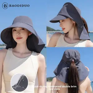Quick-drying sun hat with double-layer brim, new summer model for large head sizes, face-covering fisherman hat with sun protection cape