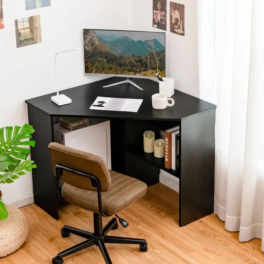 Triangle Corner Computer Desk - 48''x33.5''x29'' Engineered Wood Office Writing Workstation, 200 lbs Weight Capacity, Space Saving Furniture with Storage Shelf, Cable Management Holes for WFH & Home Learning, 48'' X 33.5'' X 29'', Floor-Standing, Irregula