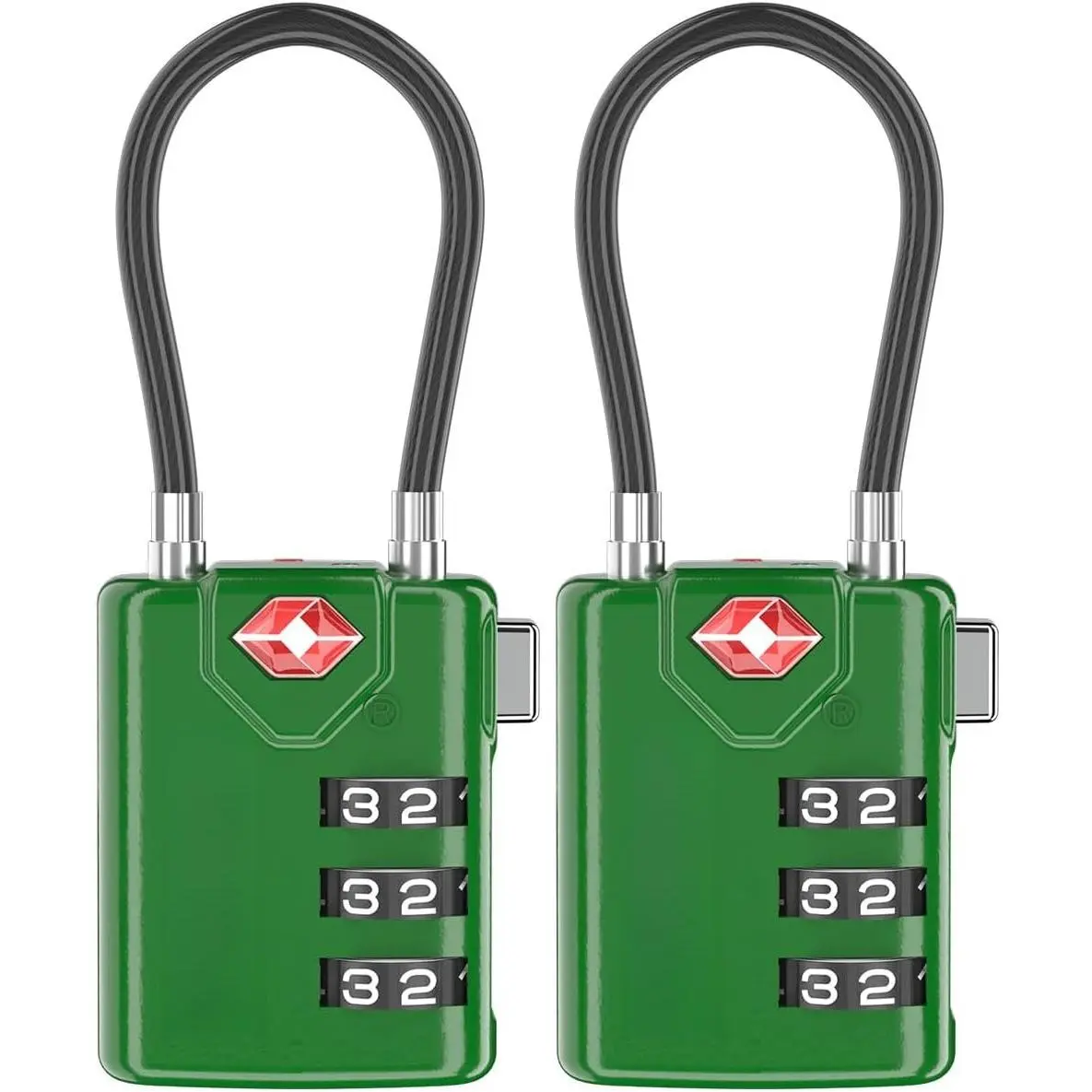 TSA Approved Luggage Locks, Combination  Locks, 2 Pack, Green | Search Alert shows TSA key access; resettable 3-digit code and flexible braided steel  for suitcases and backpacks.