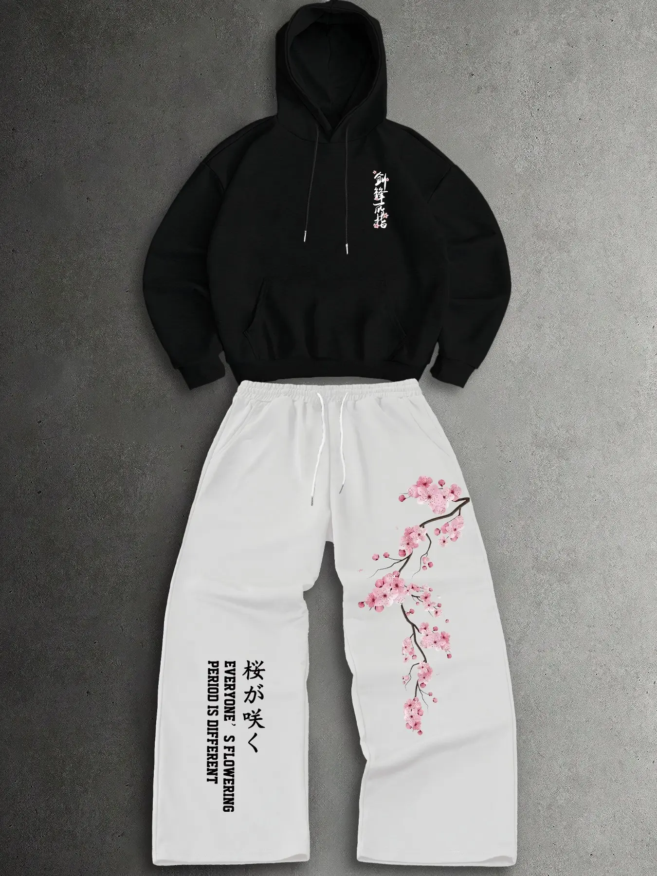 Two Tone Men Sweatsuit Set with Japanese Graphic Print - Loose Fit Drop Shoulder Hooded Top & Baggy White Cherry Blossom Joggers Streetwear Outfit Knit Clothing Sets