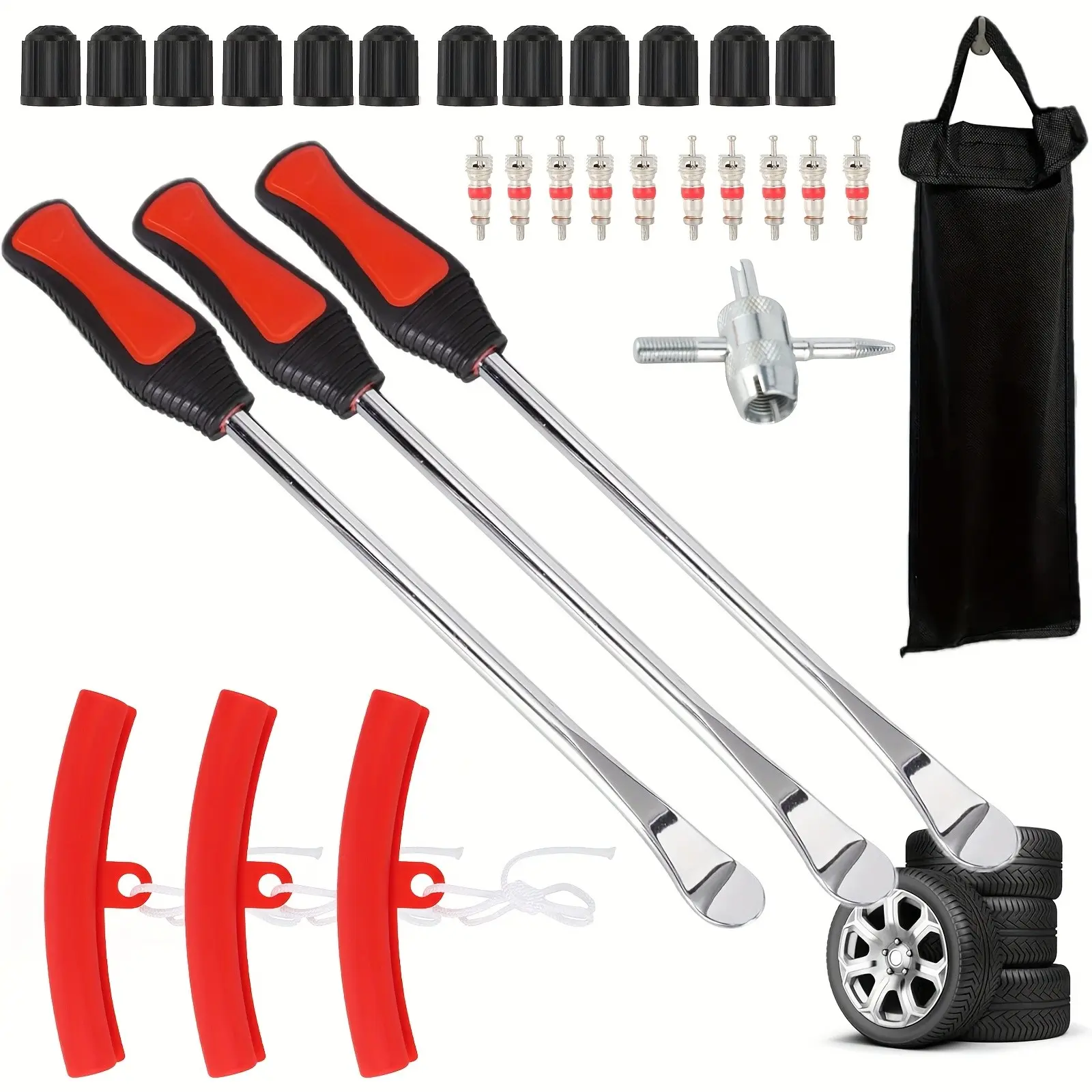 15" Tire Spoons Kit for Motorcycles, Dirt Bikes, Lawn Mowers, 29pcs Tire Removal Tool Set, Includes Rim Protector, Valve Tool, Valve Cover, Valve Core