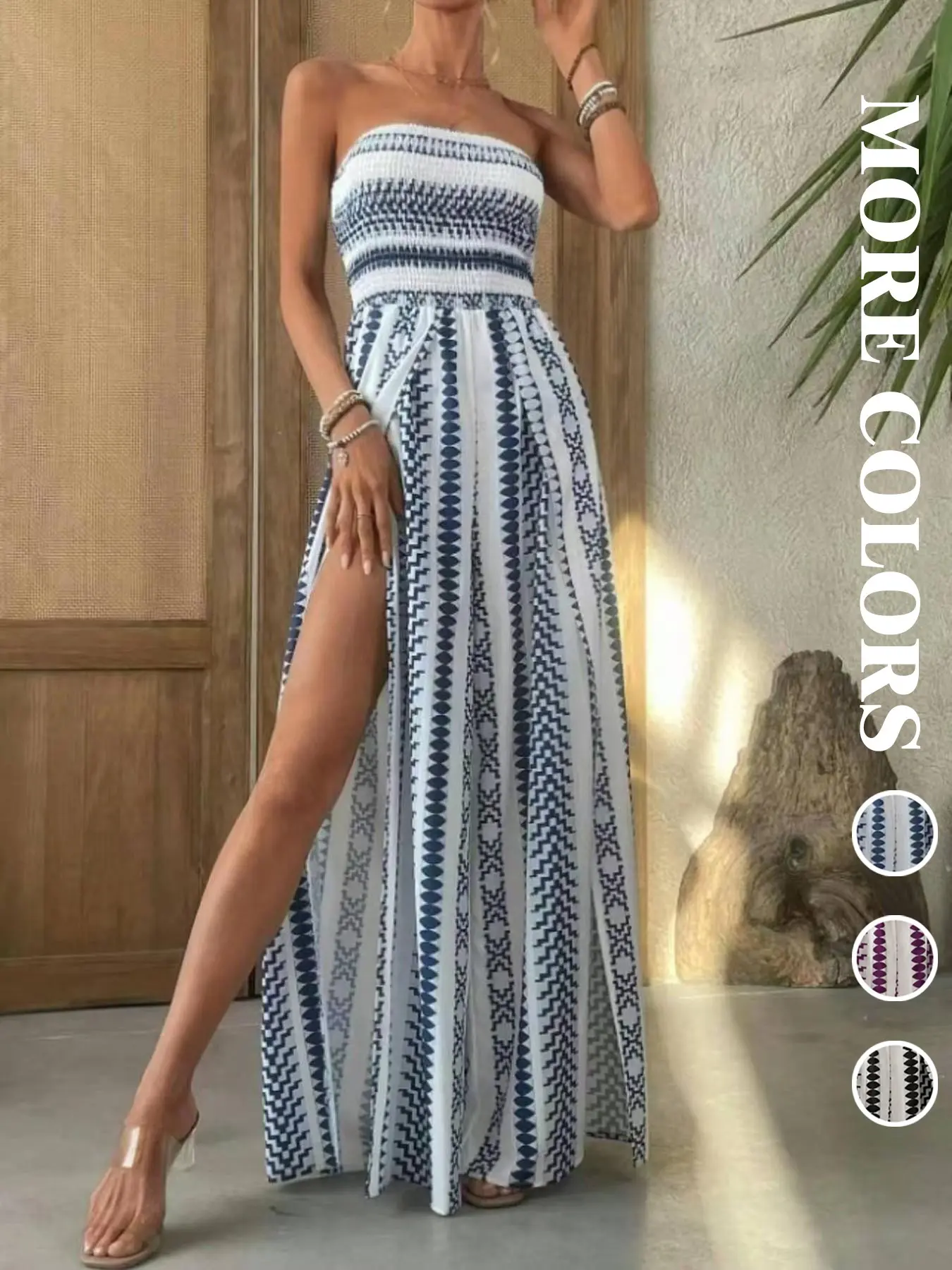 Boho Bohemian Style Wide Leg One-Piece Pants, Fashion Geometric Print High Waist Slimming Loose Split Long Skirt, Elastic Strap Backless Sleeveless Women's, Classic Elegant Series, Loose Fit Romper