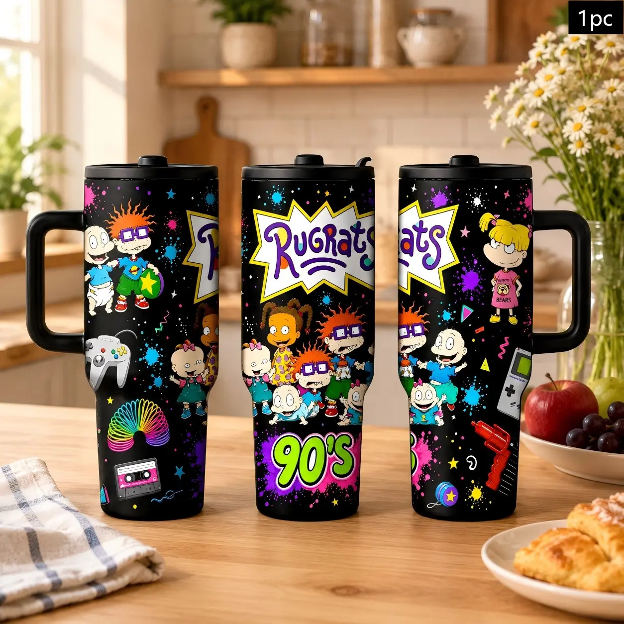 1PC 40oz 90s Retro Cartoon Baby Gang Pattern Insulated Tumbler with Handle & Straw, Double Wall Vacuum Leak-Proof Portable Travel Mug, Hot 12H Cold 24H, Large Capacity Cup for Men Women Teens, Birthday Christmas Nostalgia Gift