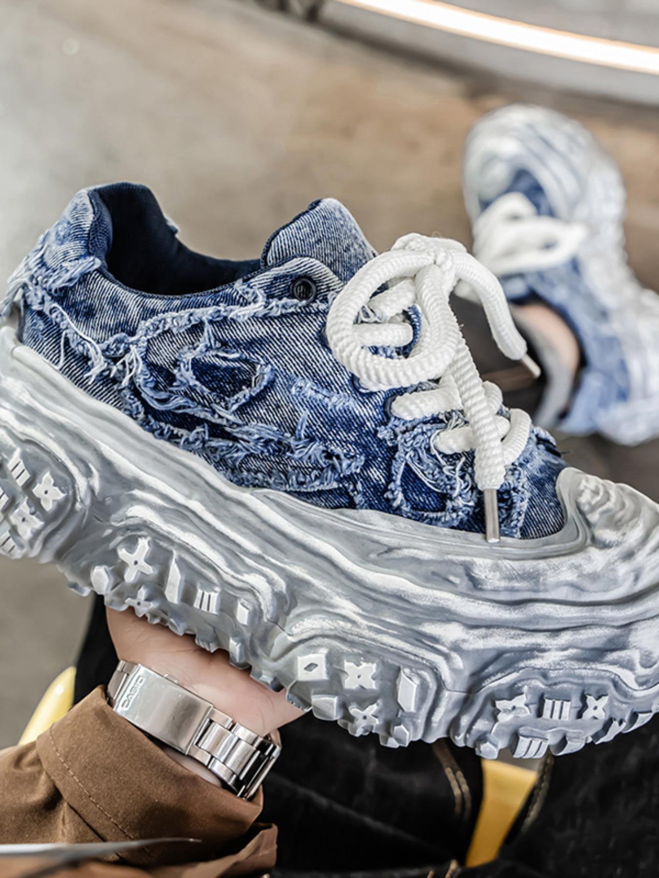 Men's Distressed Denim Chunky Platform Sneakers, Frayed Retro Streetwear Shoes, Avant-Garde Footwear for American Fashion Lovers