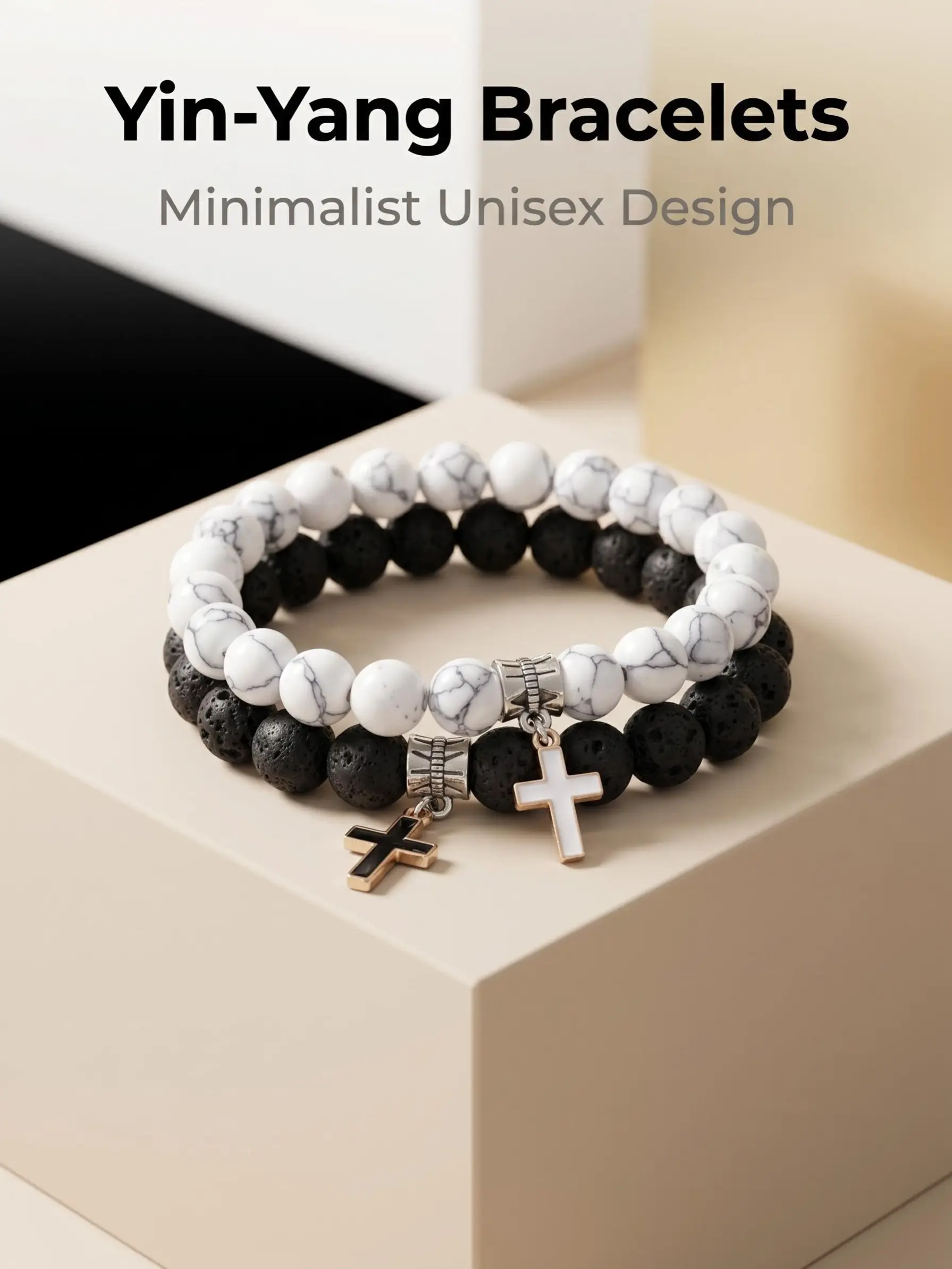 2 Pcs Cross Couple Bracelet Sets, 8mm Natural Turquoise Volcanic Stone Stretch Beads, Beaded Bracelets, Simple Religious Jewelry, Gift for Valentine's Day