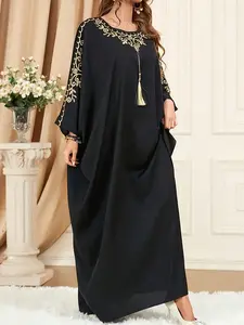 Women's Gold Long Robe, Elegant Batwing Sleeves, Fringe Decoration, Flowy Fit, Perfect for Ramadan and Eid, Loose-Fitting