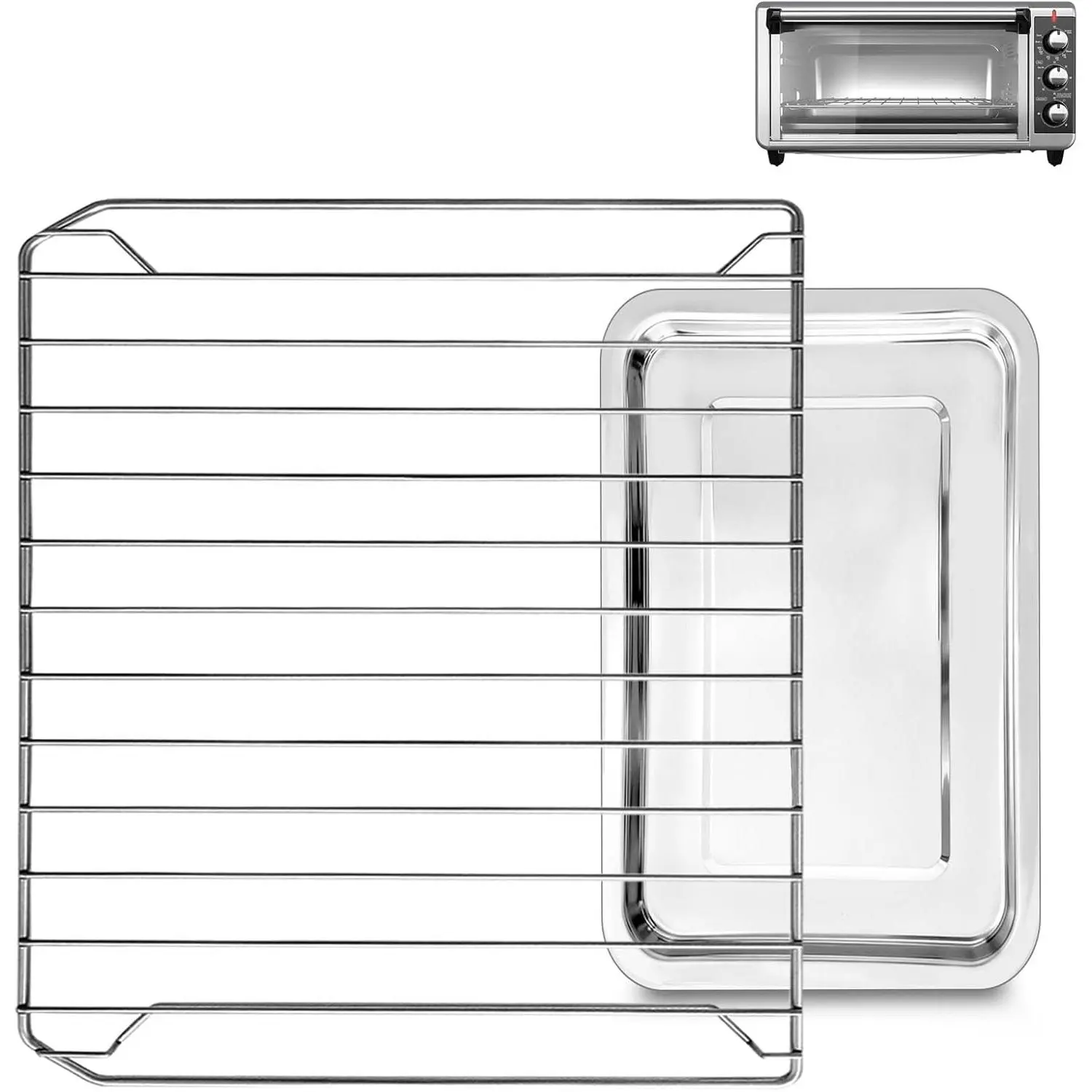 GCQ 2PCS Stainless Steel Metal Convection Toaster Oven Replacement Tray Rack Set for BLACK+DECKER 8-Slice Extra Wide Oven, Food Grade Grill Pan Crisper Plate Accessory, Dishwasher Safe