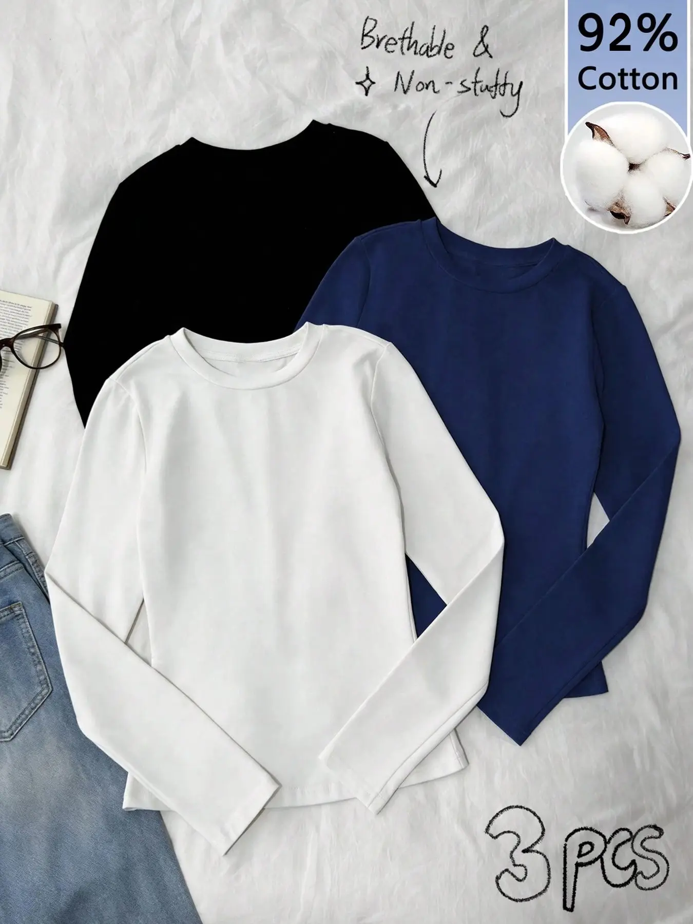 3-Pack Casual Long Sleeve Fitted Plain T-Shirt Set, Perfect for Fall Winter, 92% Cotton, Comfortable and Stylish