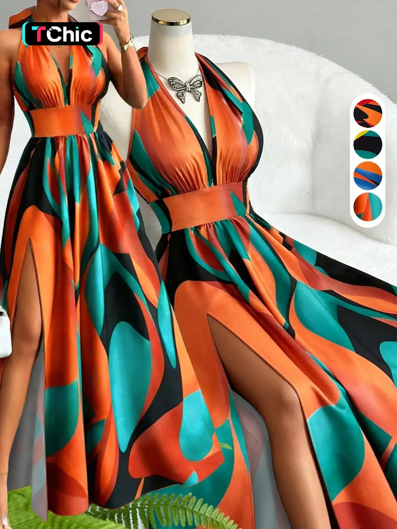 All Over Print Halter Long Dress, Deep V Neck Split Dress, Vintage Style, Chic, Sleeveless Backless Dress for Beach and Vacation, Summer New Arrival