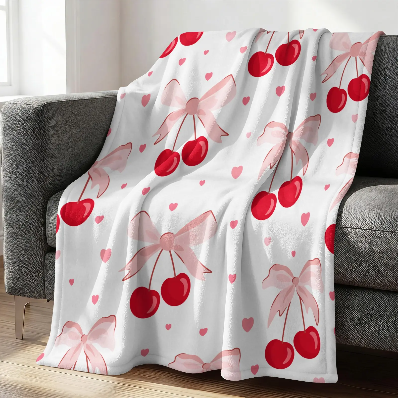 🎀 Cherry Pink Bow Heart Print Flannel Graphic Throw Blanket, Soft Warm Lightweight Blanket for Couch Bed Sofa, Cute Aesthetic Decor for Girls Teens Bedroom, Preppy Girly Coquette Decor,Sweet Gift Blanket for Girls, Decorative Blanket
