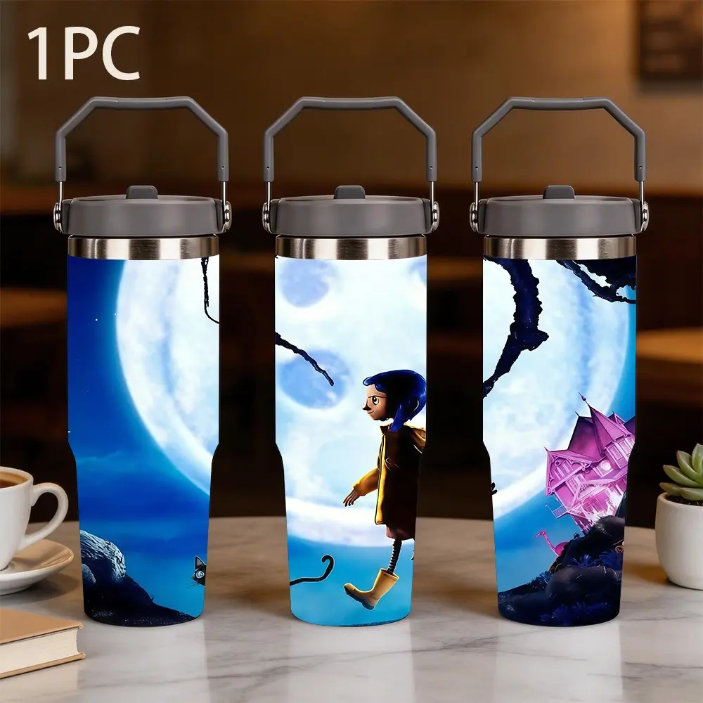 1pc 30oz large-capacity portable thermos with Coraline Ghost Mom's Moonlit Night Walk button eye moon fantasy fairy tale pattern, featuring a dark fairy tale movie poster style hanging from a dead branch, a rotating sealed lid and a grey portable handle