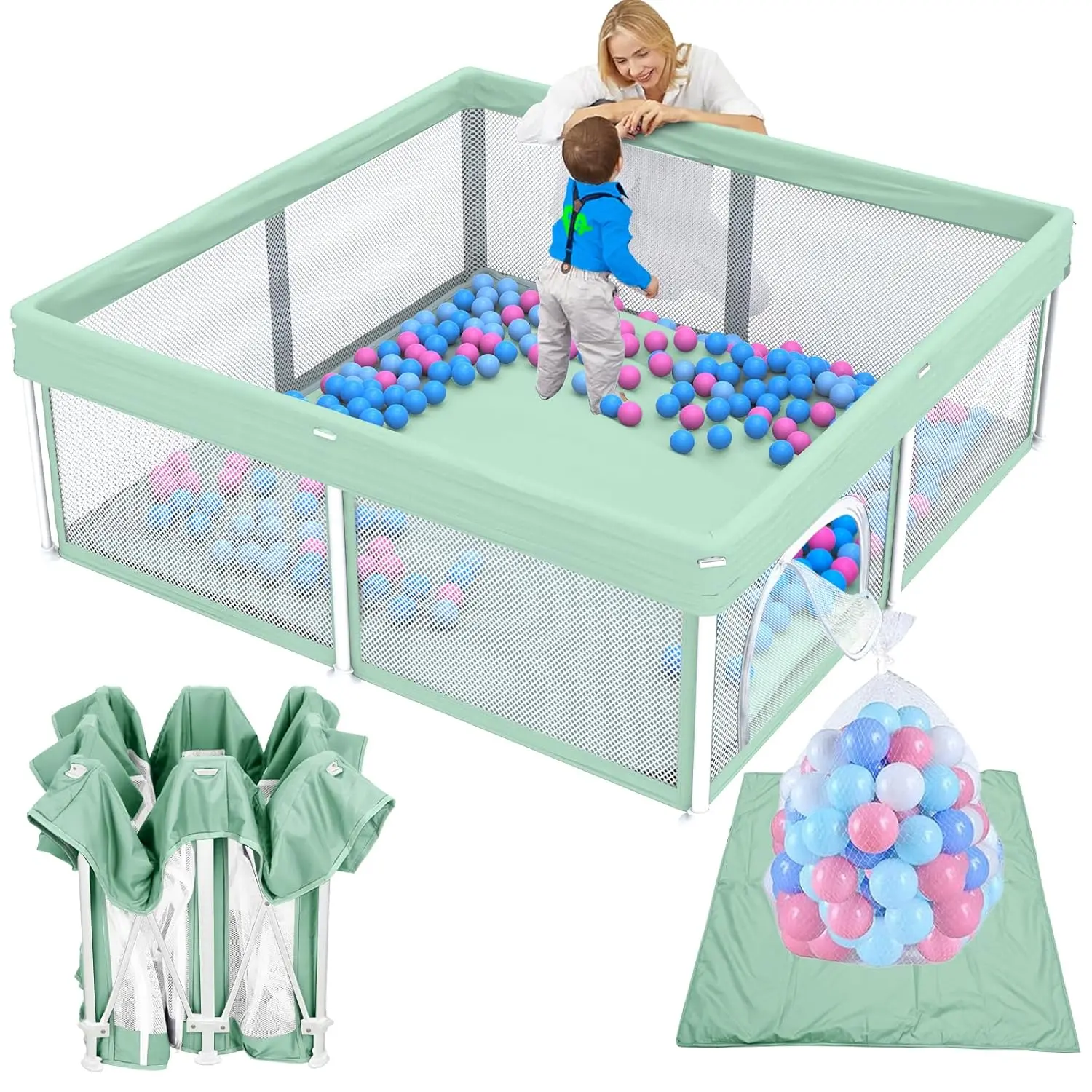 Foldable Baby Playpen with Mat, 50"*50" Collapsible Play Pen  Babies and Toddlers, Indoor & Outdoor Kids Safety Play Pen, Portable Play Yard, Foldable Baby Playpen with 50 Ocean Balls