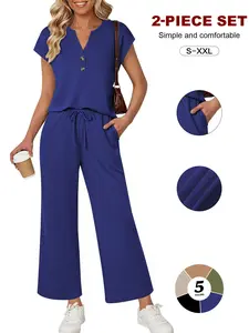 Women's 2-Piece Casual, Notch Collar Henley Tee, Cap Sleeve, Elastic Waist, Side Pockets, Wide Leg Pants, Soft Loungewear